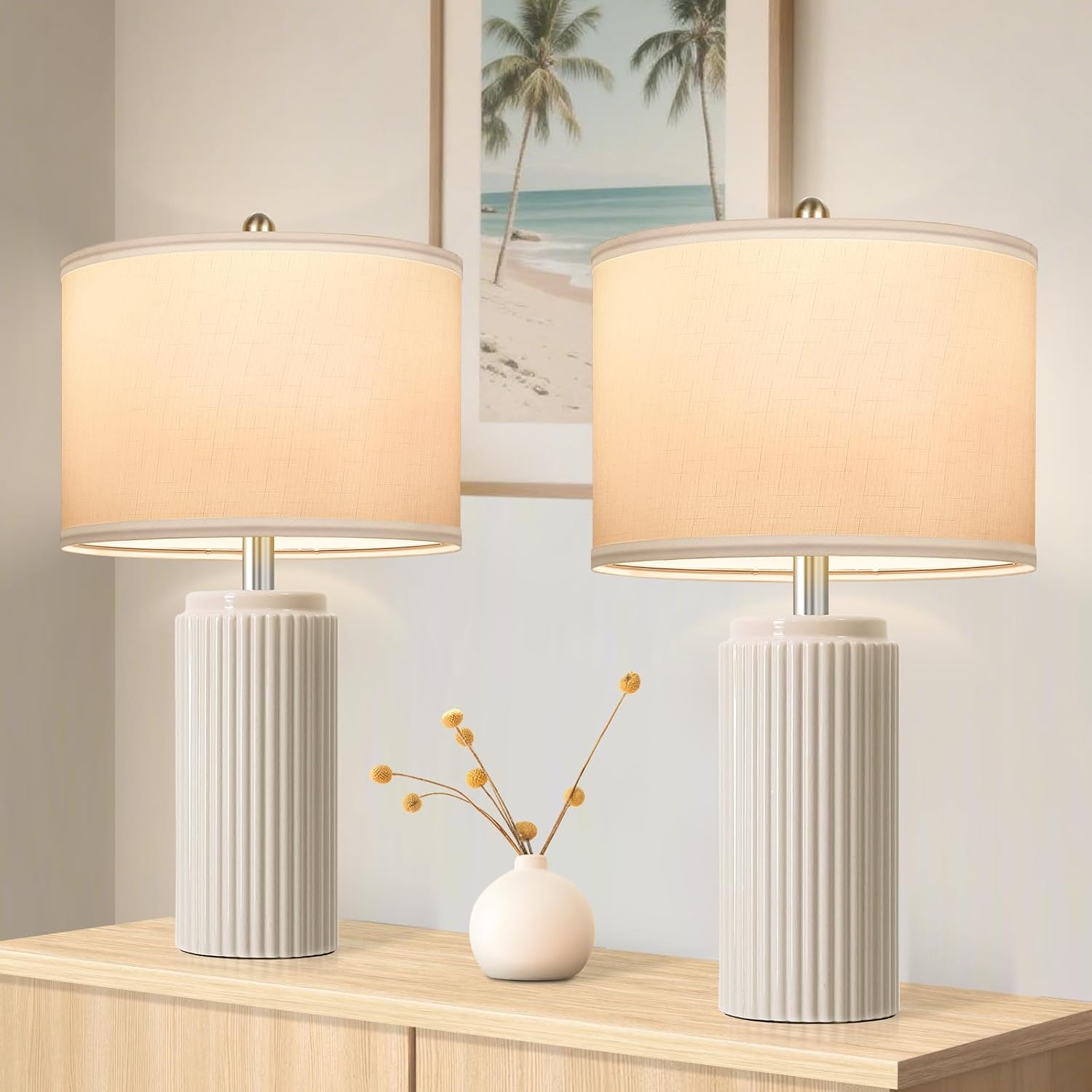 Tobusa 23.5’’ Beige Modern Ceramic Table Lamps Set of 2 for Living Room, Farmhouse Bedside Lamps with Upgraded White Linen Shade, Rustic Ni…