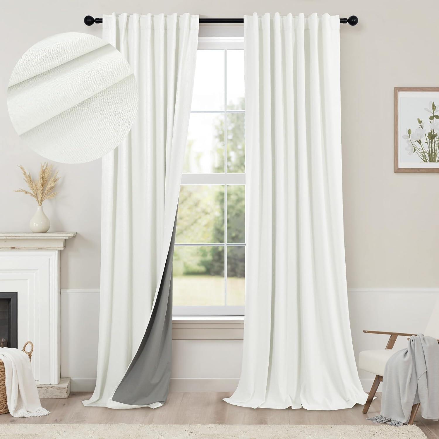 Pitalk Living Room Curtains 84 Inches Long Faux Linen Darkening Curtain for Bedroom Boho Burlap Full Blackout Soundproof Thermal Insulated…