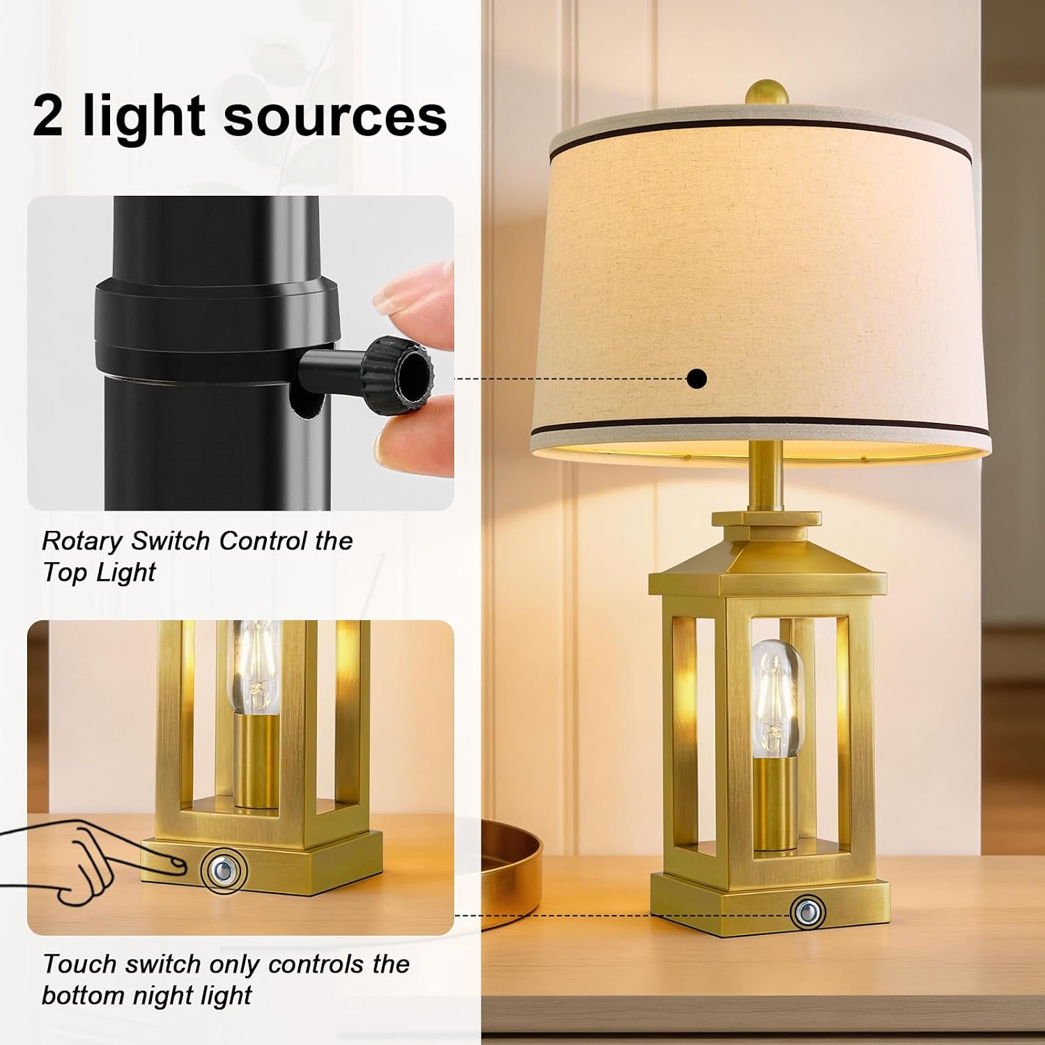 G-SAFAVA 24" Table Lamps for Living Room Bedroom Modern Gold Bedside Lamps Set of 2 Nightstand Lamps for Night Stands 3 Way Dimmable…