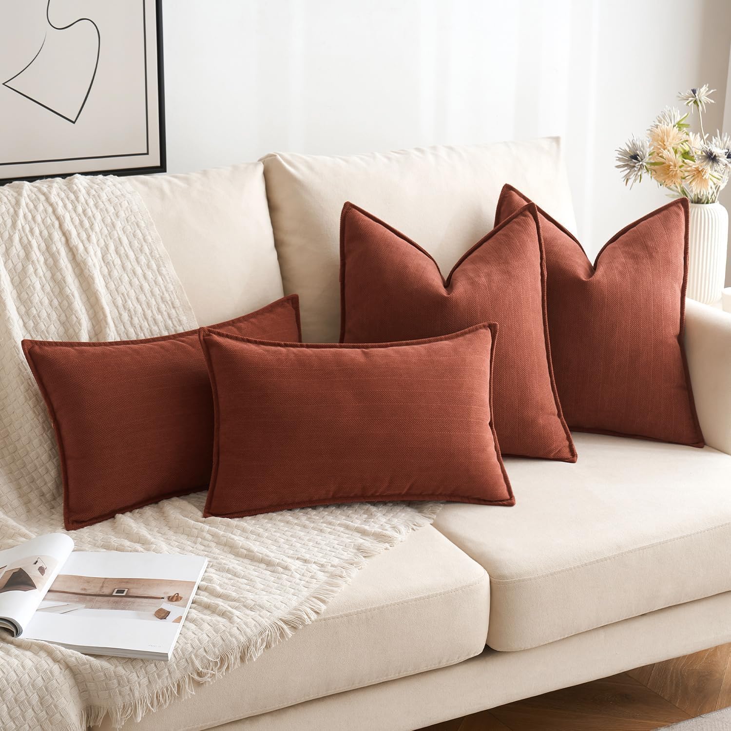 MIULEE Pack of 2 Rust Decorative Pillow Covers 22x22 Inch Chenille Luxurious Couch Throw Pillows Farmhouse Cushion Covers Euro Shams with…