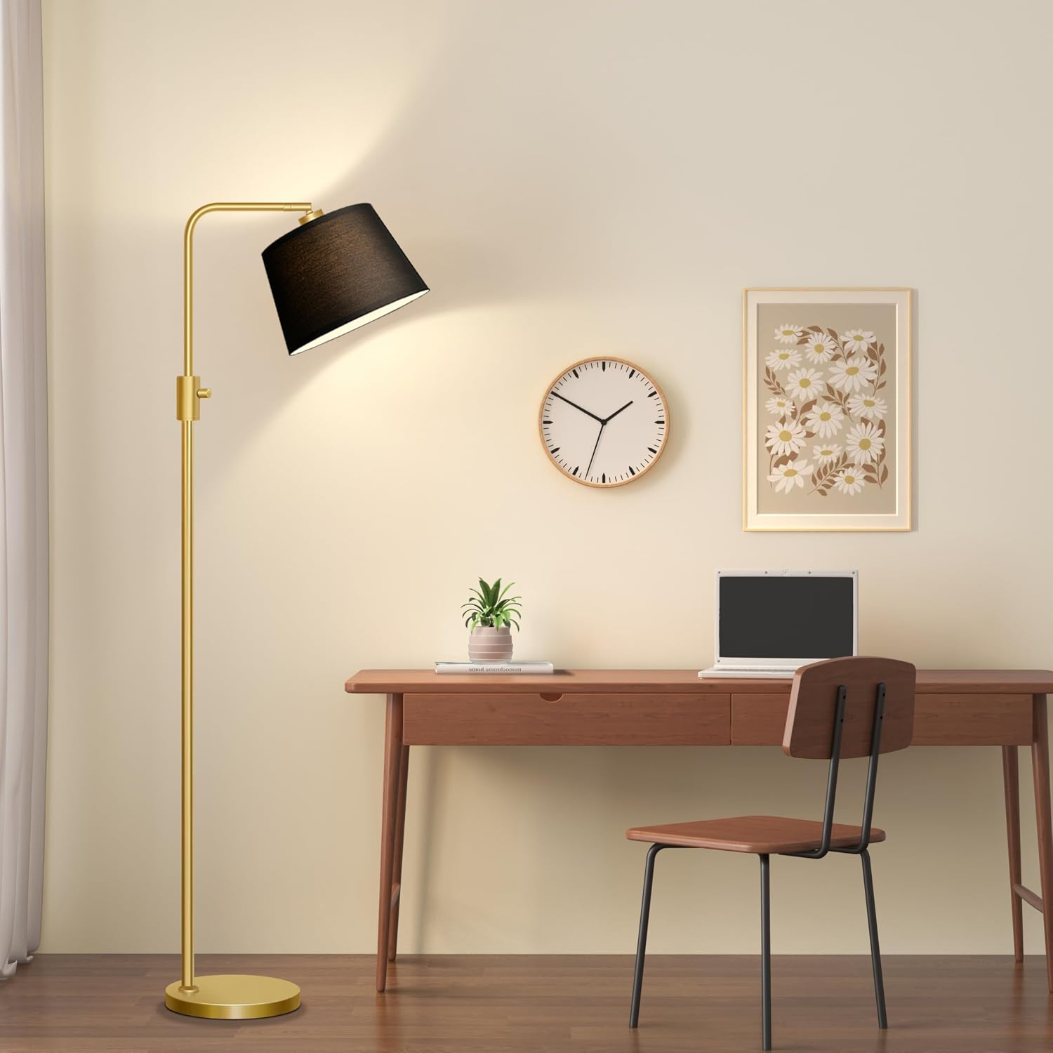 Nintiue Dimmable Gold Floor Lamp, 1000 LM LED Edison Bulb Included, Arc Floor Lamps for Living Room with Black Shade, Modern Standing…