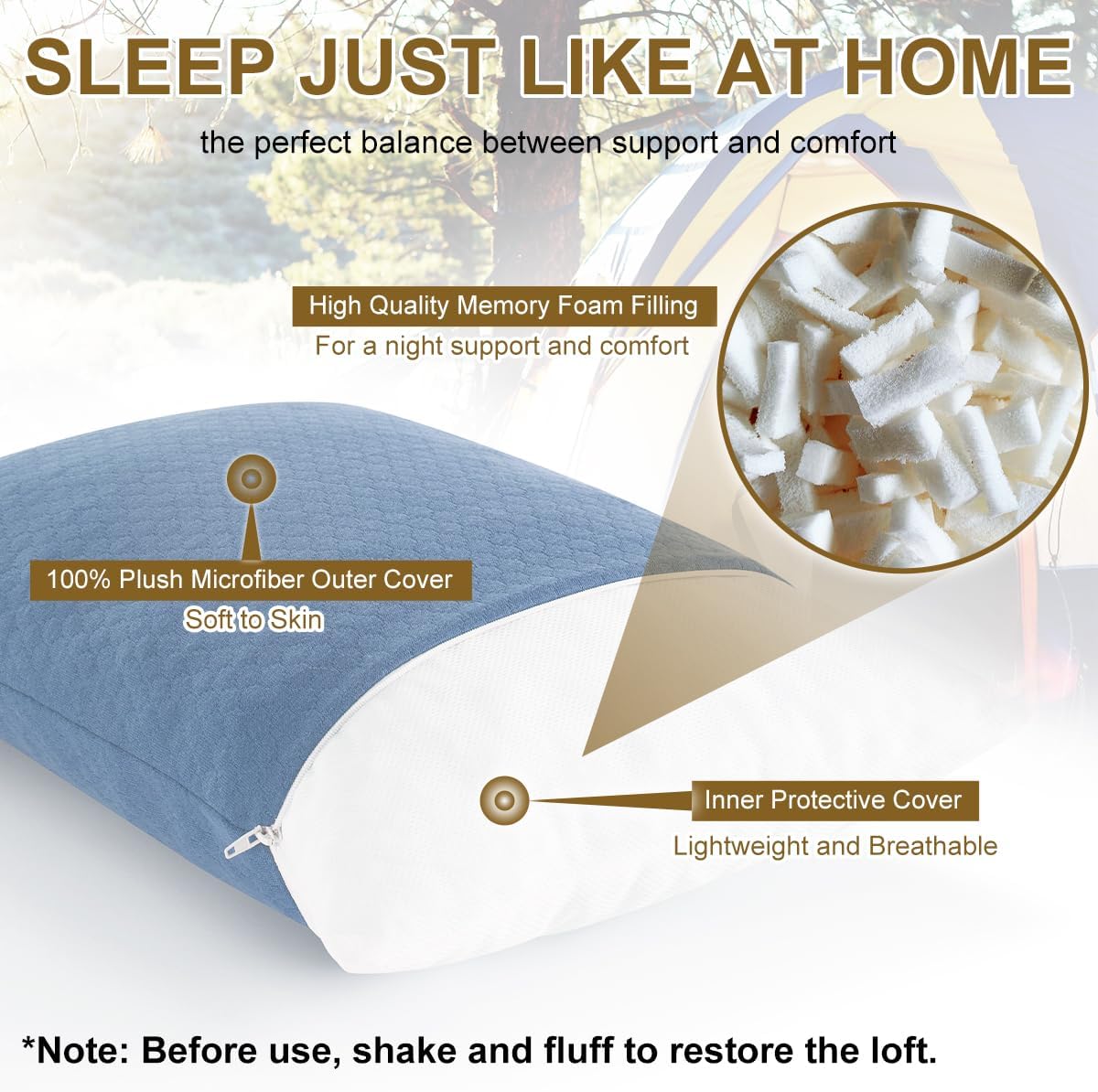 Ivellow Memory Foam Travel Pillow Compressible Camping Pillow for Sleeping Shredded Memory Foam Pillow Compact Firm Supportive Travel Pillo…