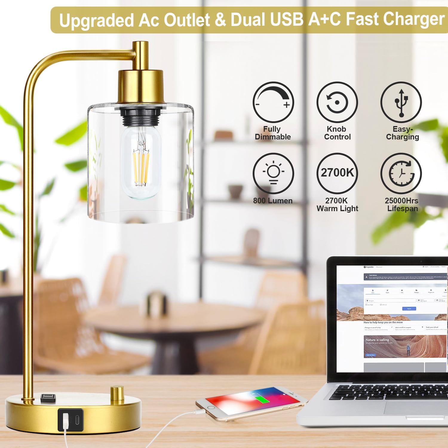 Gold Industrial Table Lamp with USB A+C Ports & Outlet, Fully Stepless Dimmable Modern Nightstand Lamp, Glass Shade Bedside Desk Lamp for…