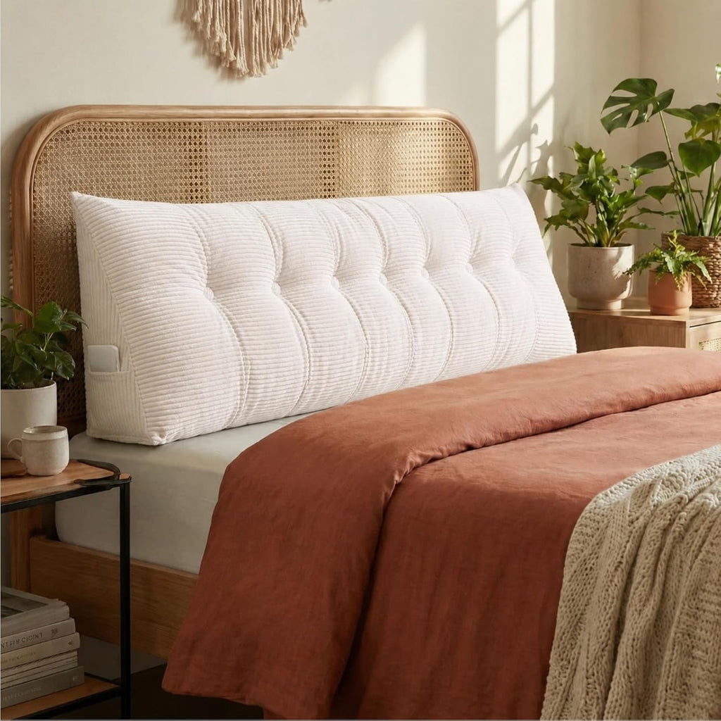 Wedge Reading Pillow Headboard King Size, Headboard Bolster Pillow for Bed, Triangular Backrest Cushion with Removable Corduroy Cover, White
