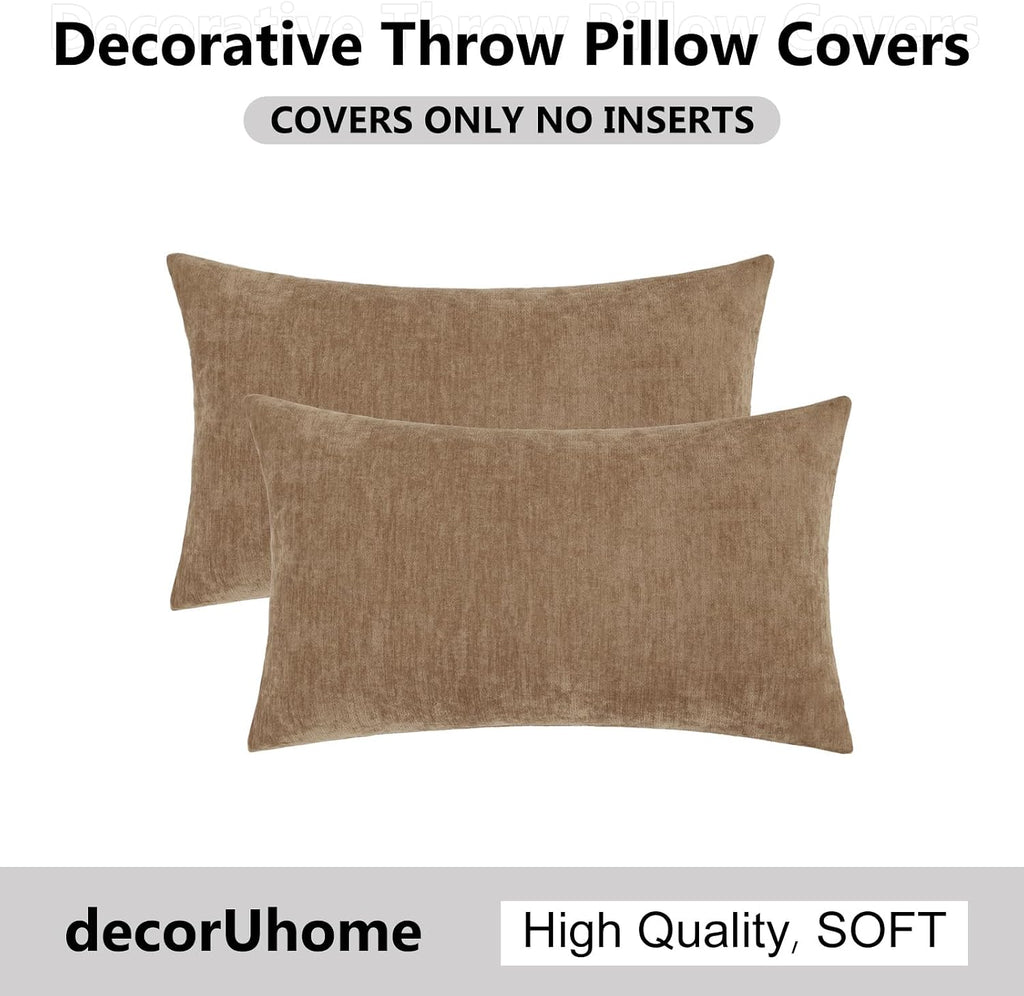 decorUhome Chenille Brown Throw Pillow Covers 12x20 Inch Set of 2, Decorative Soft Couch Pillow Covers Solid Dyed Accent Farmhouse Neutral…