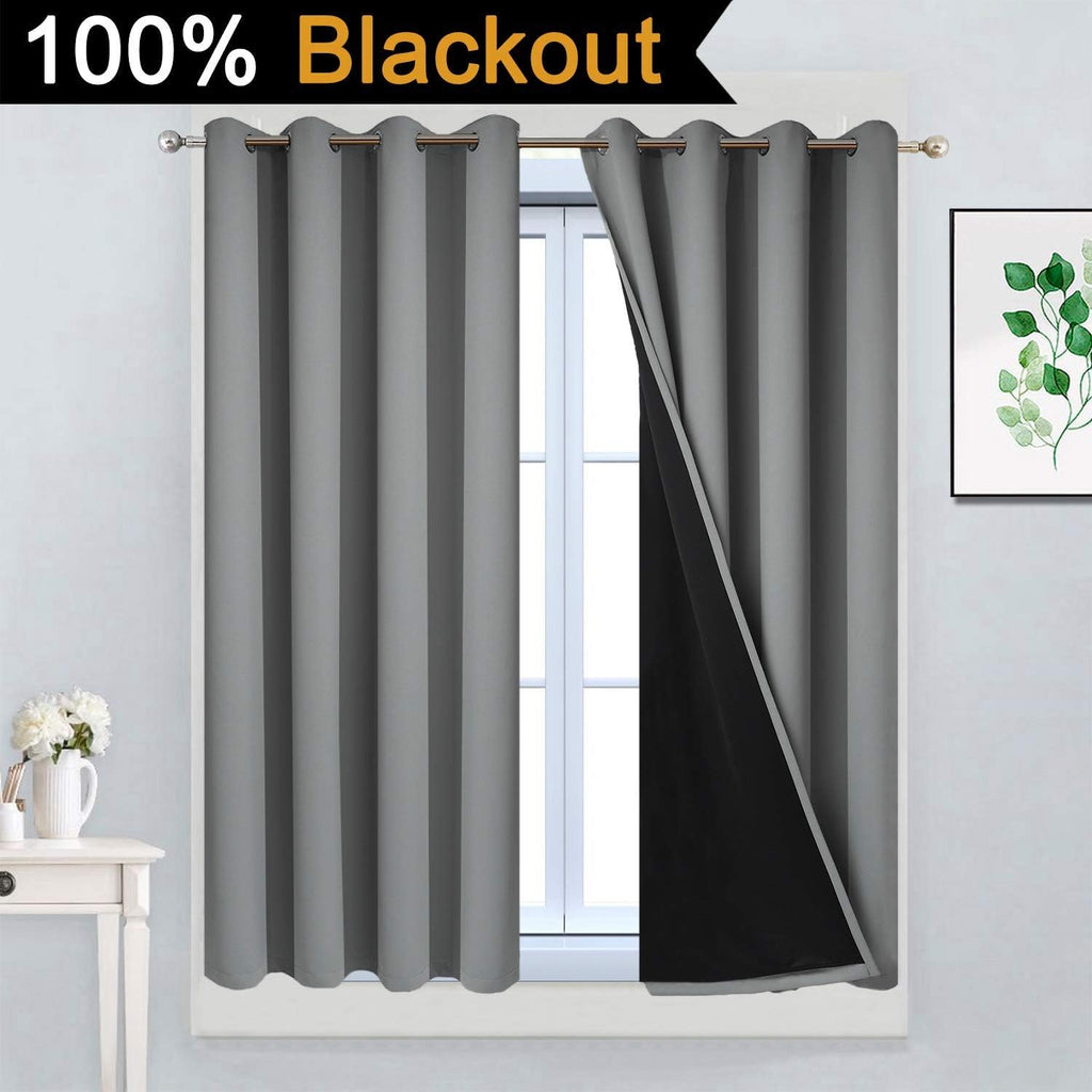 Yakamok Gray 100% Blackout Curtains 45 Inches Long, Full Light Blocking Thermal Insulated Blackout Drapes with Black Liners for Bedroom(Gre…