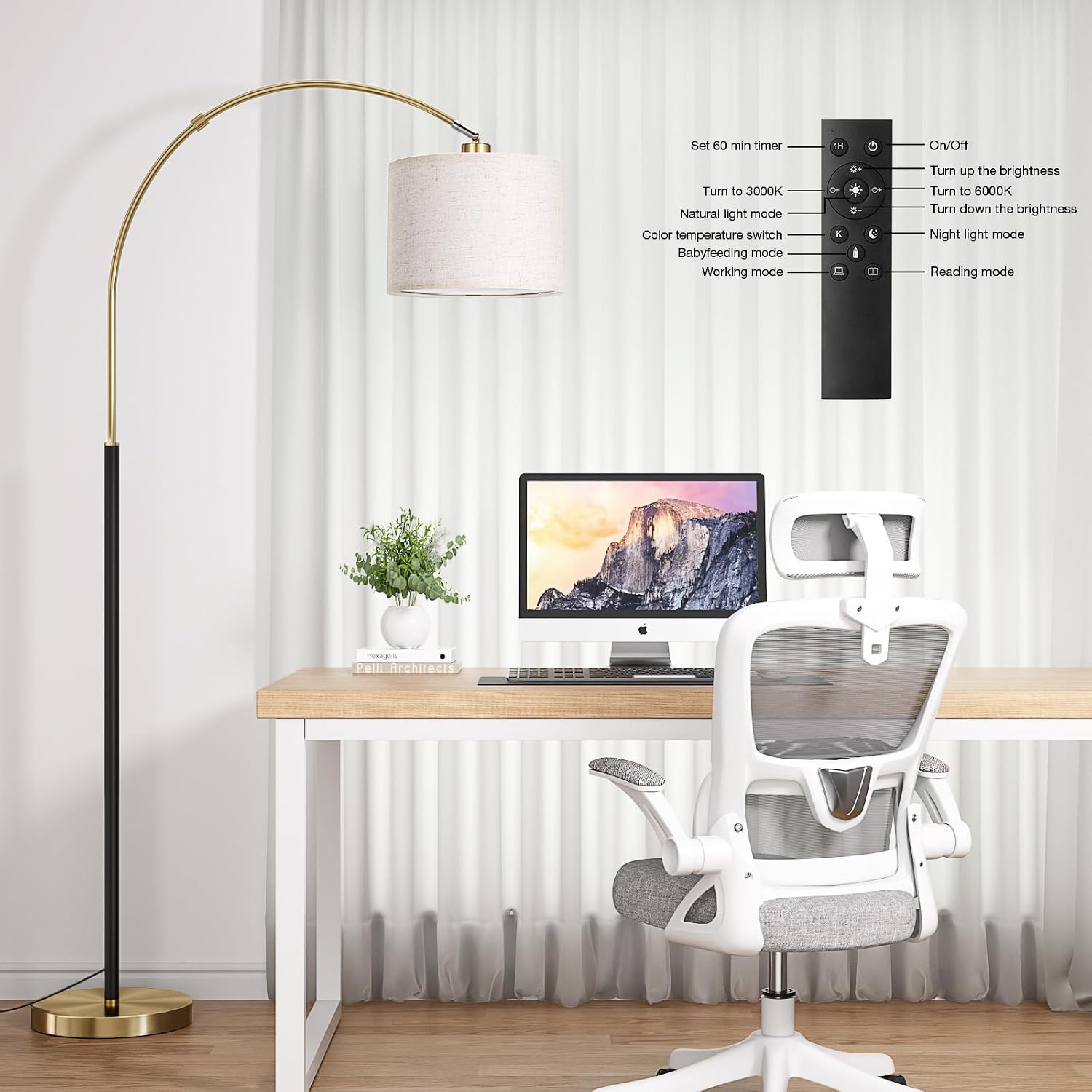 Ambimall Dimmable Arc Floor Lamp with Remote, Color Temperatures and Brightness Adjustable, Arched Floor Lamp with Rotating Head, Over…