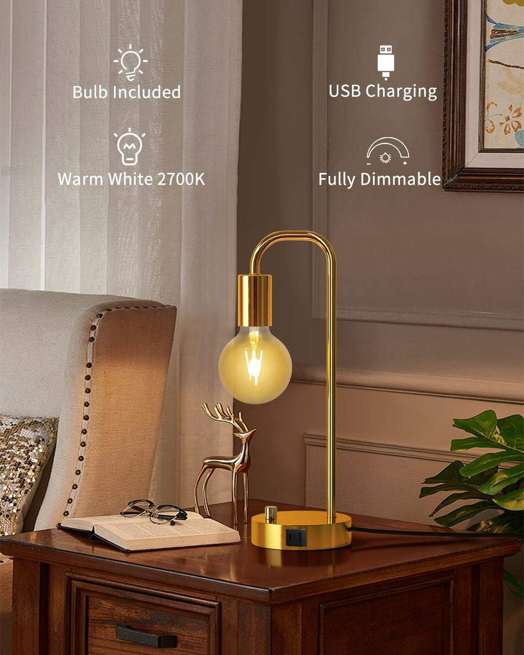 ONEWISH Industrial Table Lamp with 2 USB Port, Stepless Dimmable Nightstand Bedside Lamps for Bedroom, Desk Lamps with 2700K Gold Gradient…
