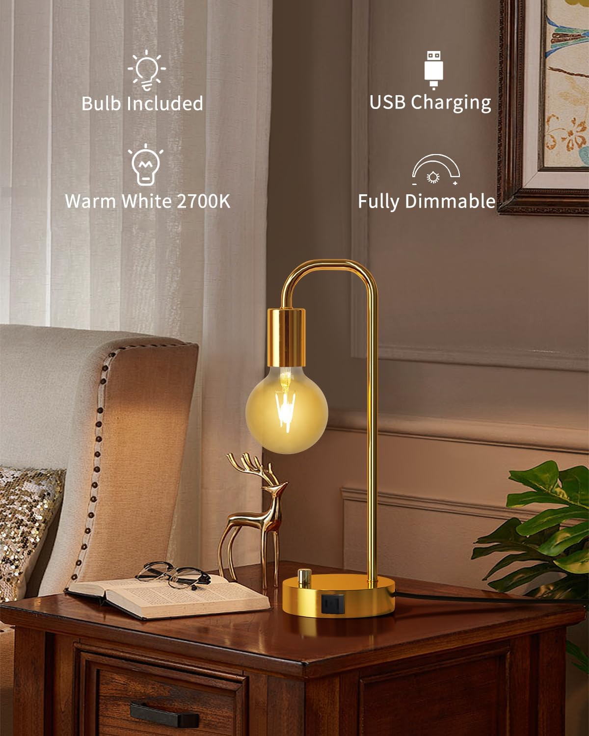 ONEWISH Industrial Table Lamp with 2 USB Port, Stepless Dimmable Nightstand Bedside Lamps for Bedroom, Desk Lamps with 2700K Gold Gradient…