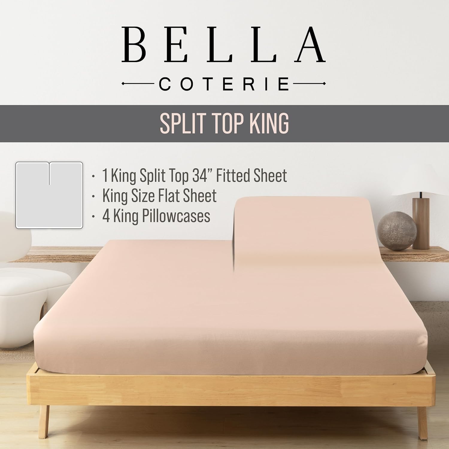 Bella Coterie 6 Piece Luxury Bamboo Viscose Split Top King Size Sheet Set | 34" Split for Adjustable Beds | 100% Organically Grown|…