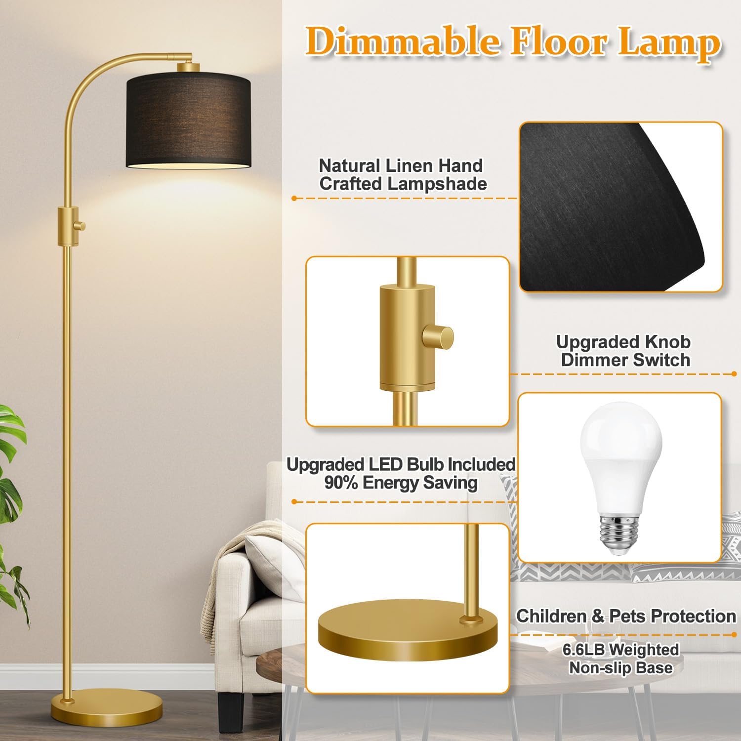 Nintiue Upgraded Modern Arc Dimmable Tall Standing Floor Lamp with Black Shade, 1200 Lumens LED Bulb Included, for Living & Reading Room…