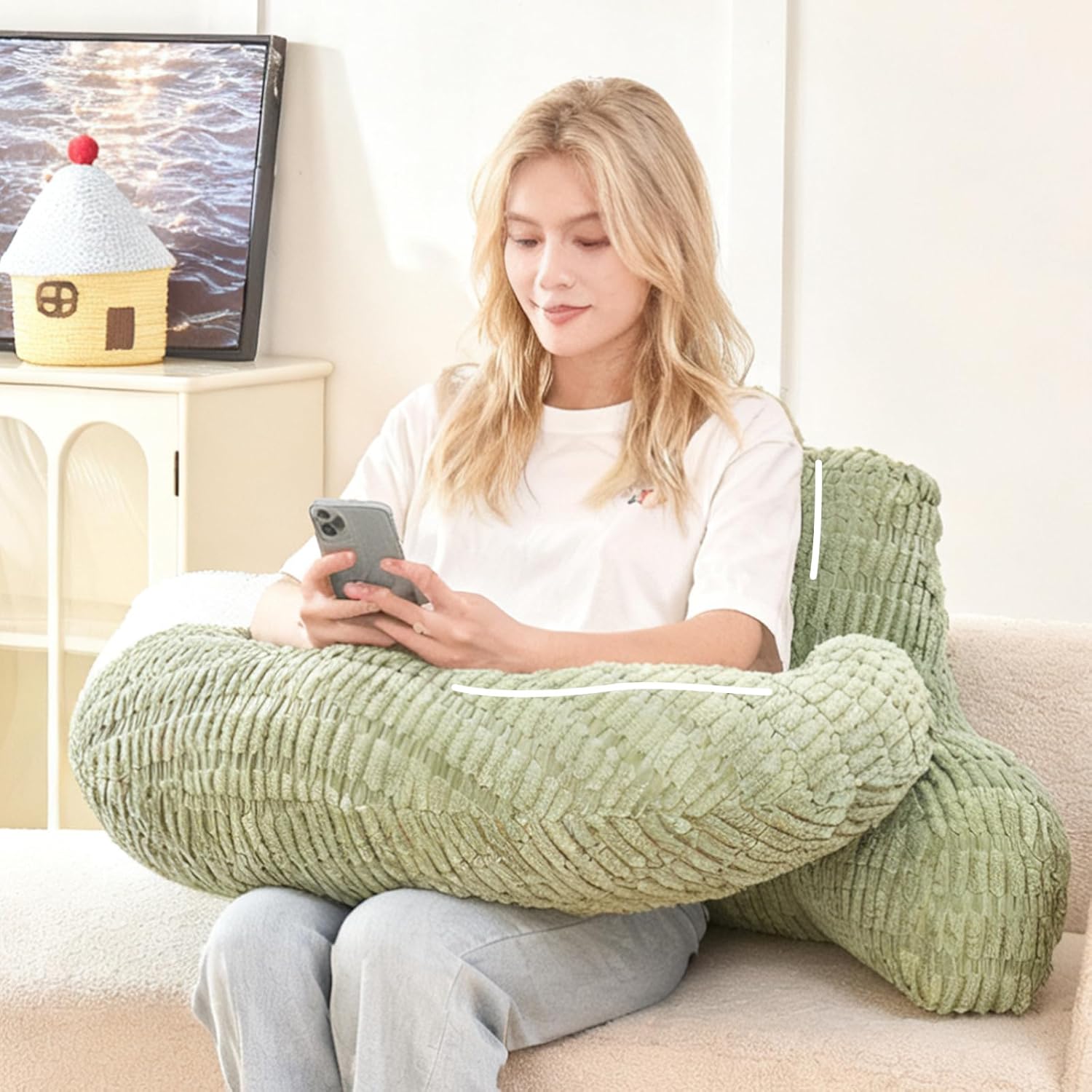 Pajeo 19" Corduroy Reading Pillow for Bed, Durable Striped Backrest Cushion with Lumbar Support & Arms, Firm Support Ergonomic Lounger for Ba…