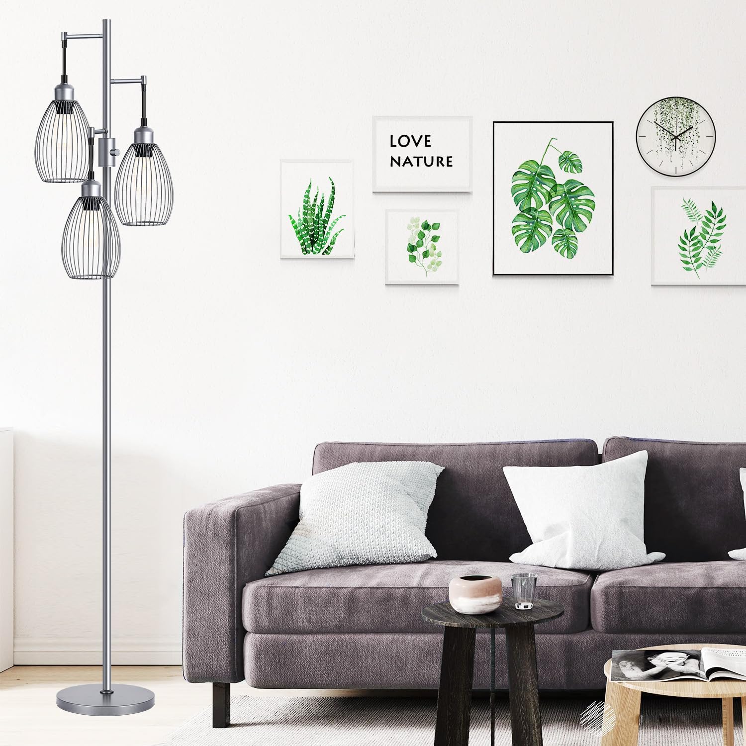 Nintiue Dimmable Floor Lamp, 3 x 800LM LED Edison Bulbs Included, Industrial Floor Lamp Standing Tree Lamp with Elegant Teardrop Cage…