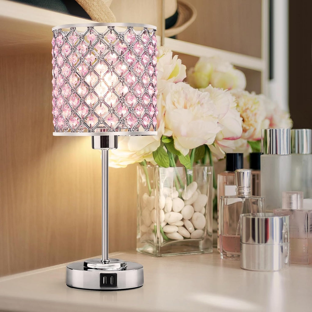 GyroVu Crystal Table Lamp, Bedside Crystal Lamp, Dimmable Touch Nightstand Lamp with USB-C+A Charging Ports Pink Night Lights Decorative…
