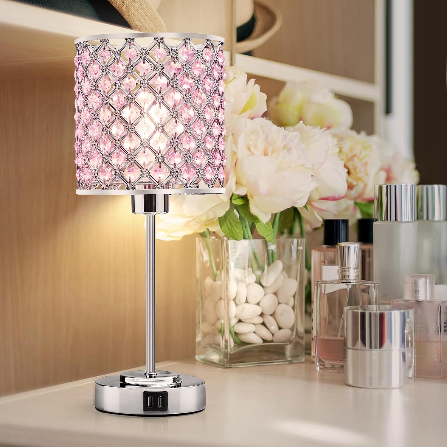 GyroVu Crystal Table Lamp, Bedside Crystal Lamp, Dimmable Touch Nightstand Lamp with USB-C+A Charging Ports Pink Night Lights Decorative…