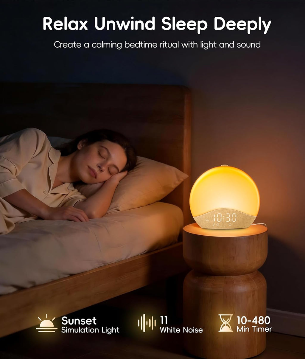 ecozy Sunrise Alarm Clock for Bedroom, White Noise Sound Machine, 26 Soothing Sounds, 17 Night Lights, Bluetooth Speaker, Music-Sync…