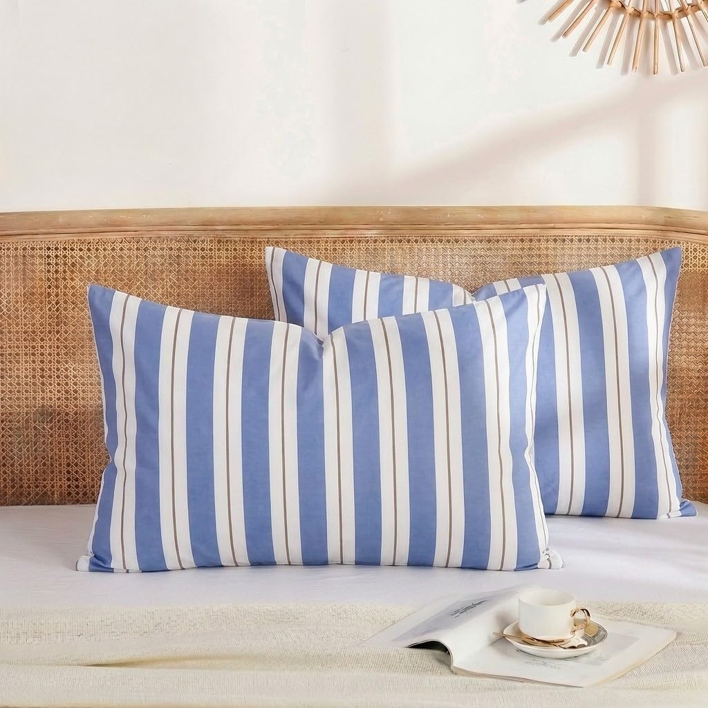 Merryword Blue and White Striped Pillowcases, Standard Size Pillowcases, 100% Cotton Pillow Cases, Soft Breathable Wide Stripes Pillow Cove…