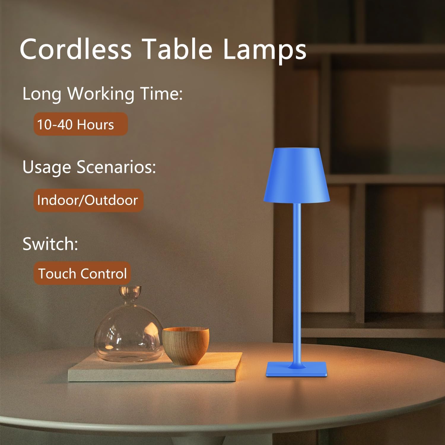 Yogaret Blue Cordless Table Lamp Set of 2, Indoor/Outdoor Table Lamp for Restaurant Home Dinner Patio Pinic