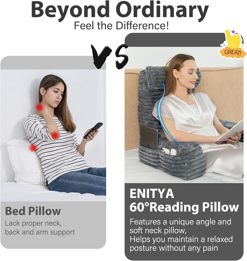 ENITYA 22" XL Back Pillow for Bed Sitting Up, Reading Pillow with Armrests & Big Pockets, Soft Back Support Chair, Ideal for Watching TV…