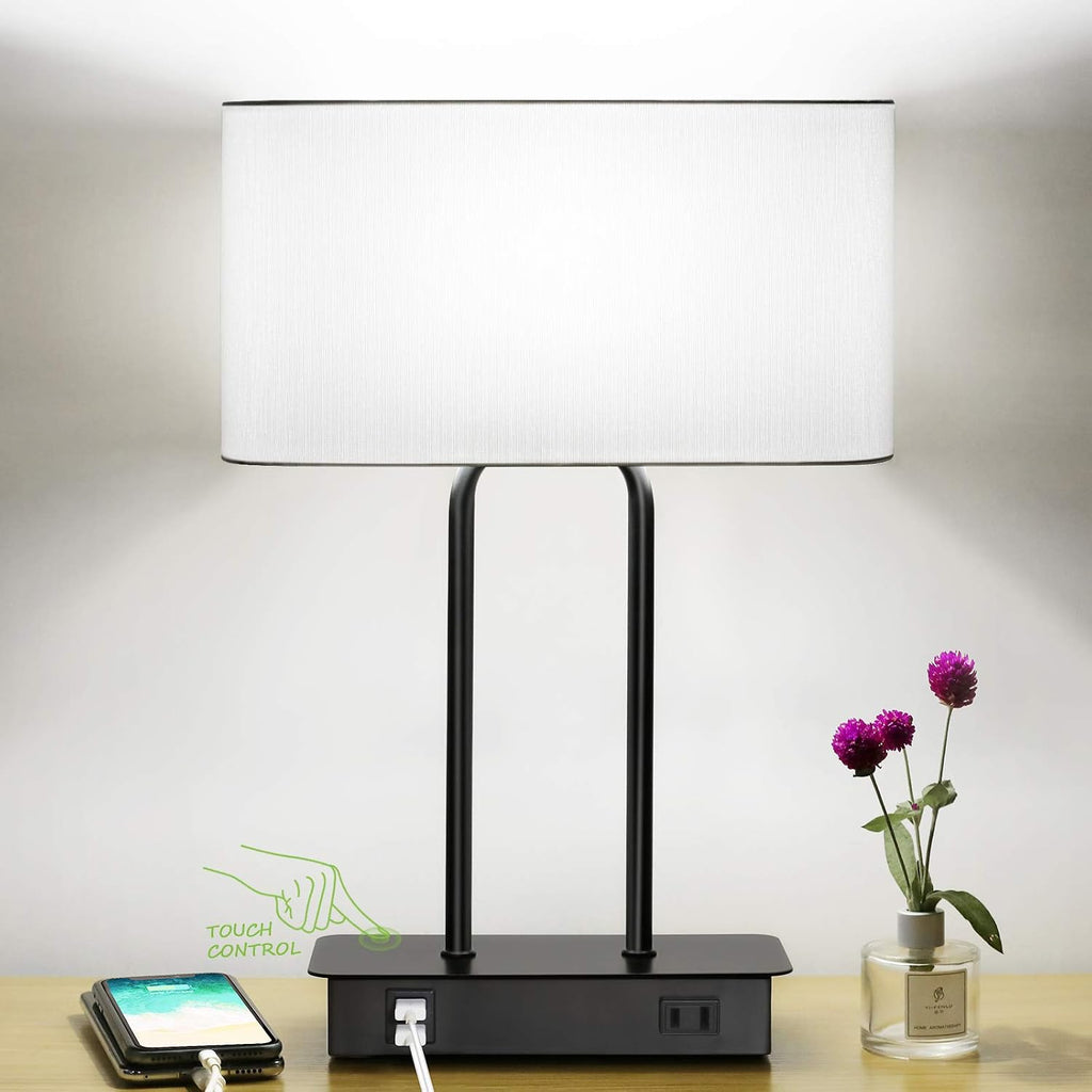 Bedside Touch Control Table Lamp with Dual USB Charging Ports 1 AC Outlet, 3 Way Dimmable Modern Nightstand Lamp with White Fabric Shade…