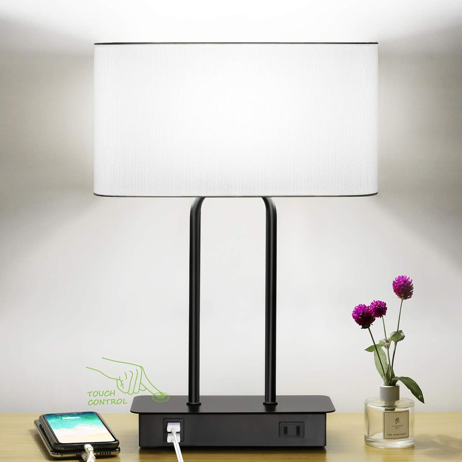 Bedside Touch Control Table Lamp with Dual USB Charging Ports 1 AC Outlet, 3 Way Dimmable Modern Nightstand Lamp with White Fabric Shade…