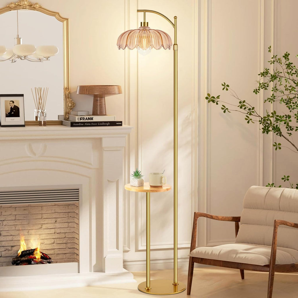 QIYIZM Gold Floor Lamp with Table and Shelves for Living Room Bedroom, Glass Standing Lamp with Remote Dimmable, Boho Brass Tall Lamp…