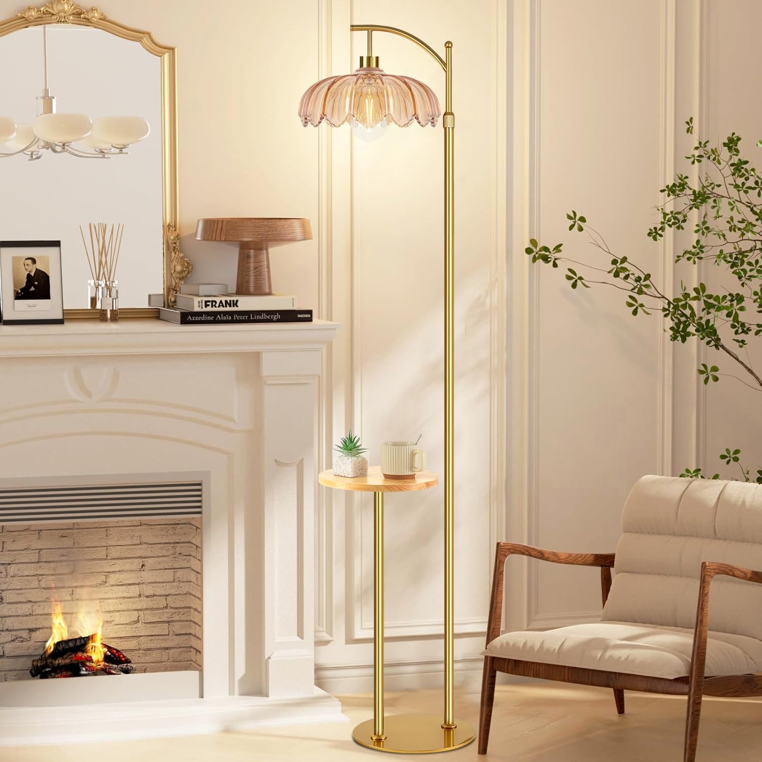 QIYIZM Gold Floor Lamp with Table and Shelves for Living Room Bedroom, Glass Standing Lamp with Remote Dimmable, Boho Brass Tall Lamp…