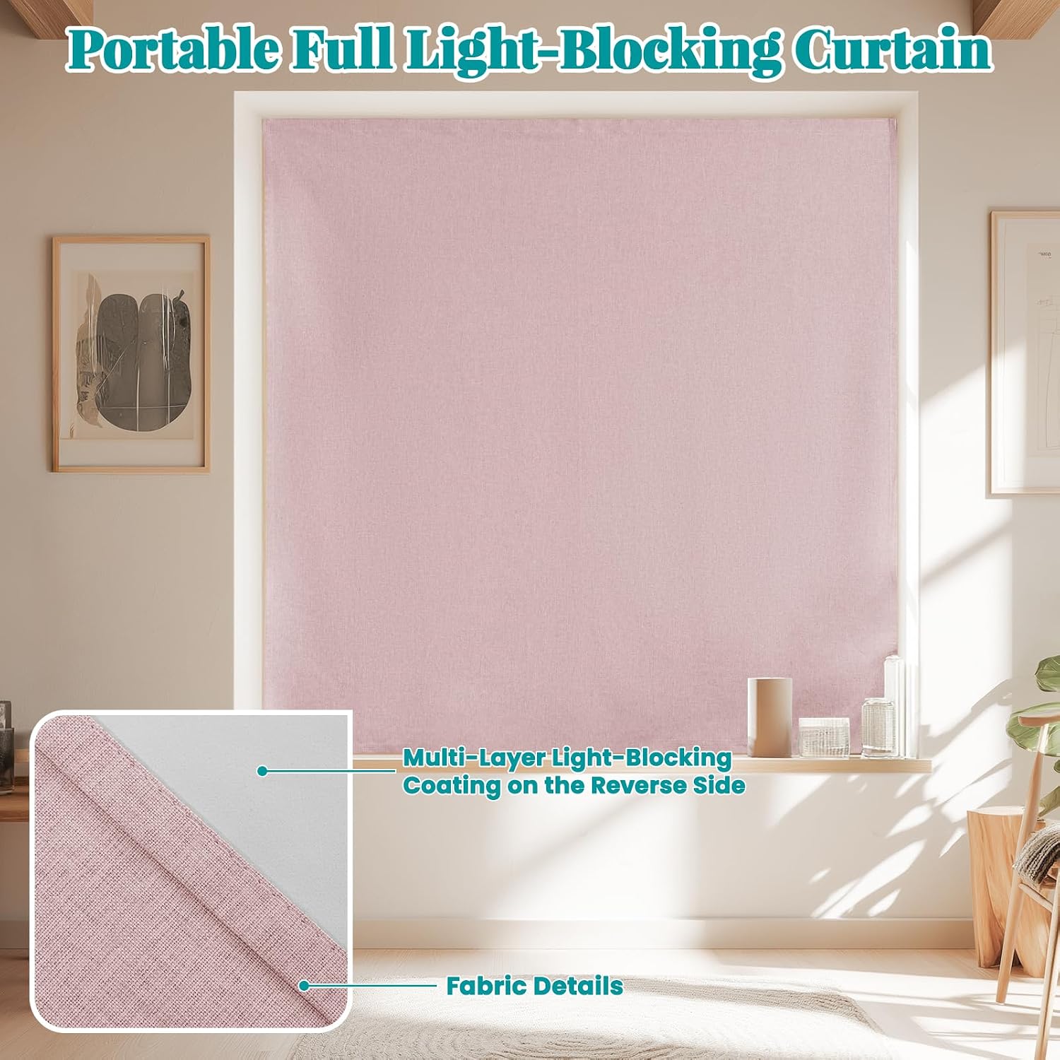 100% Blackout Self Adhesive Curtains, Black Out Shade for Window, Fabric Temporary Window Coverings Easy to Hang Curtains No Rod Needed…