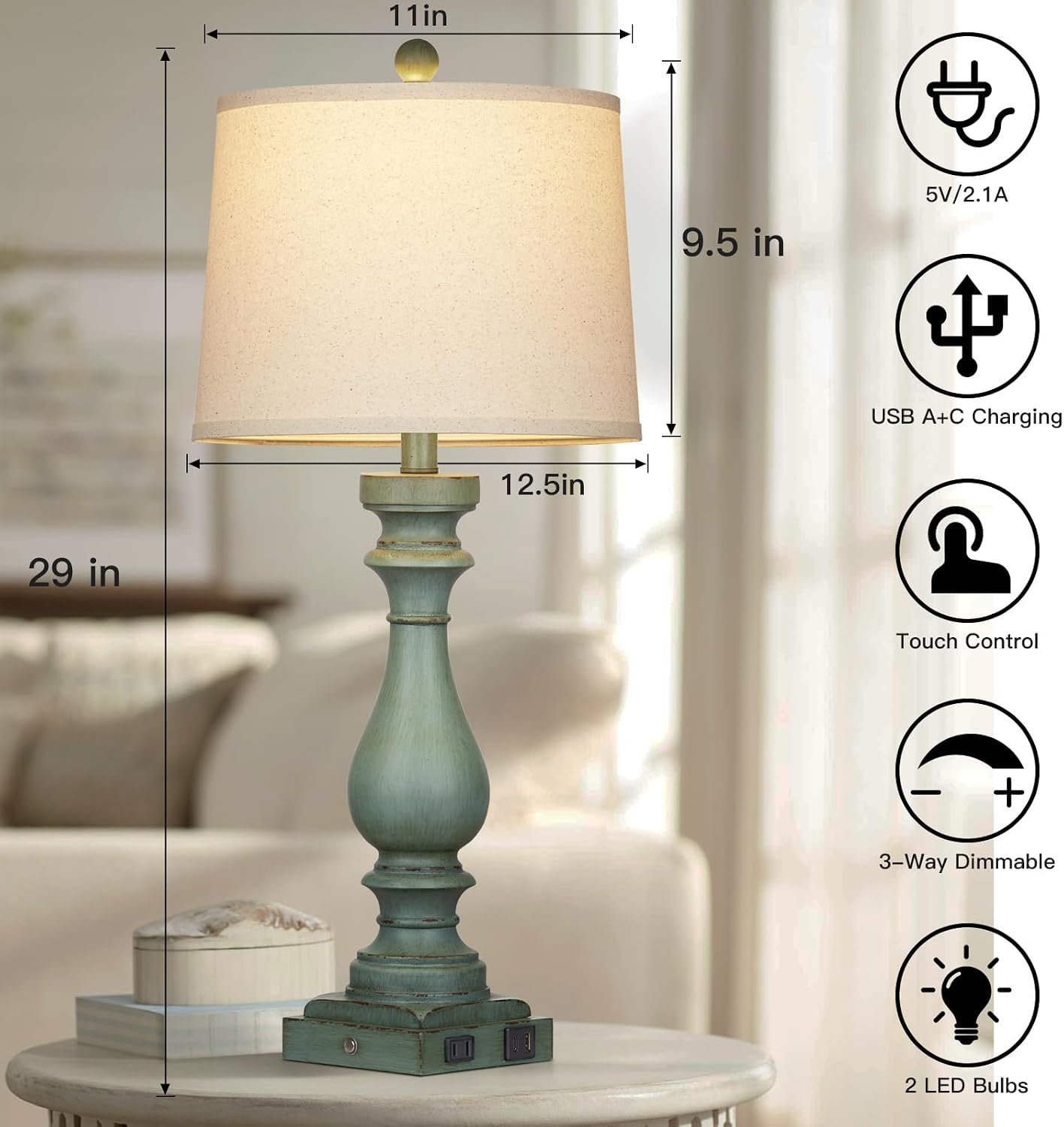 Cinkeda 29" Tall Table Lamp for Living Room Set of 2, Vintage Bedside Nightstand Lamps with USB C+A Ports & AC Outlet,3-Way Dimmable Touch…