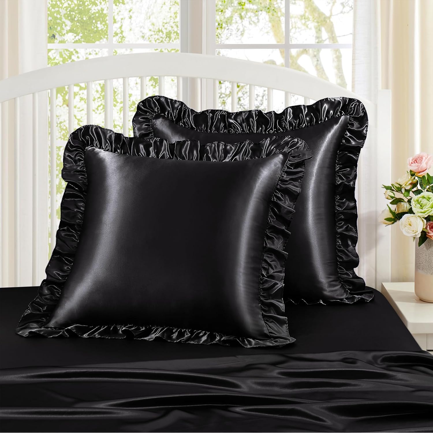 Homiest Ruffle Euro Sham Covers 26x26 Inch Set of 2, Black Satin Pillow Shams with 3 Inch Wide Decorative Ruffled, European Square Satin…