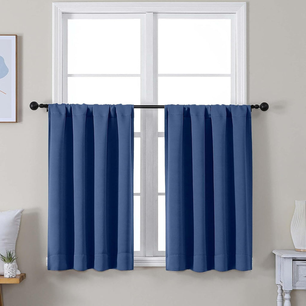 Simplebrand Ava Royal Blue Short 36 Inches Blackout Curtain 2 Panels Set, Half Window Rod Pocket Privacy Curtain Tiers for Kitchen, Curtain…