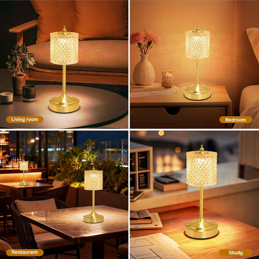 Cordless Crystal Table Lamp, 5200mAh Rechargeable Battery, 3 Color Dimmable Touch Control, Portable Vintage Gold Desk Lamp for Bedroom…