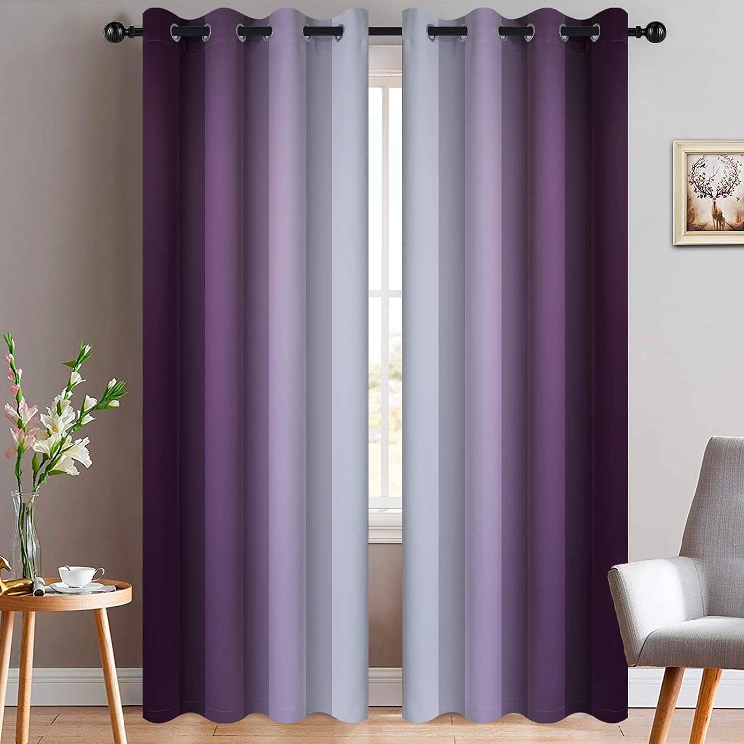 Yakamok Room Darkening Ombre Curtains 84 Inch Length, Purple and Greyish White Thermal Insulated Gradient Color Curtains, Light Blocking Gro…