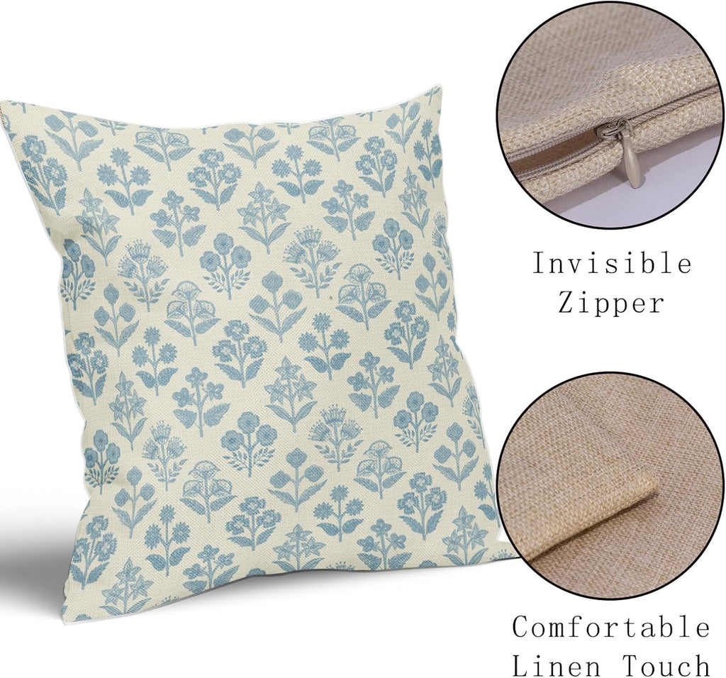 Light Blue Floral Pillow Covers 18x18 Inch Set of 2, Vintage Flower Block Print Pattern Decorative Throw Pillowcases Outdoor Farmhouse…
