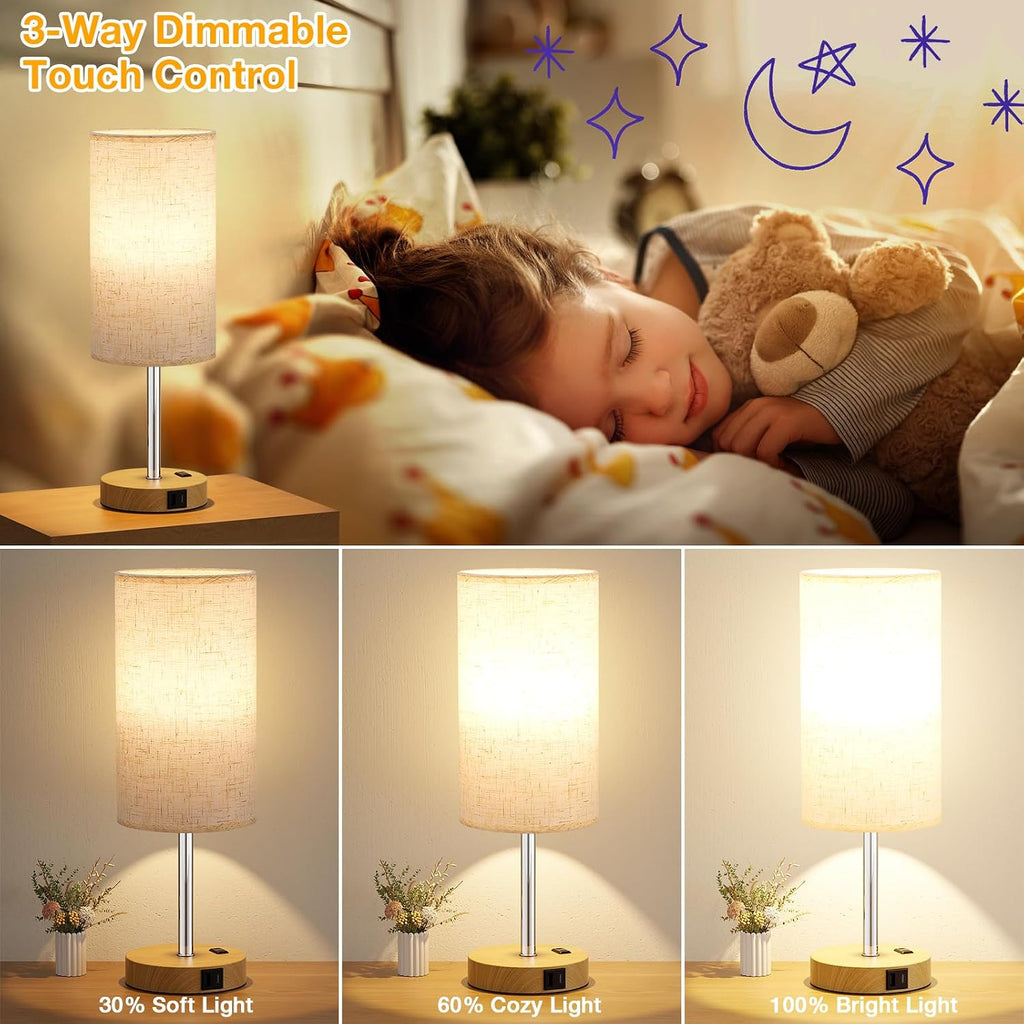 Dicoool Touch Bedside Table Lamp with USB - 3 Way Dimmable Wood Lamp for Bedroom Nightstand, Desk Lamp with Charging Station for Dorm…
