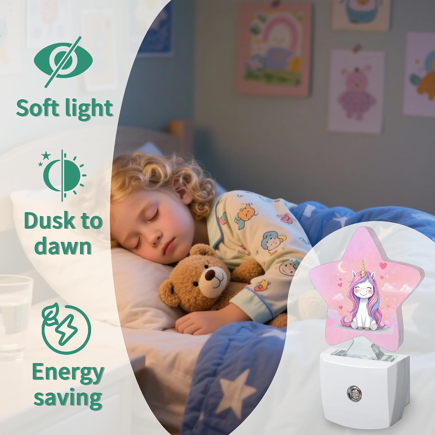 Star Night Light Plug in, Pink Unicorn Dusk to Dawn Sensor Night Light, Soft Glow Lamp for Kids Bedroom Nursery Hallway Bathroom, Energy…