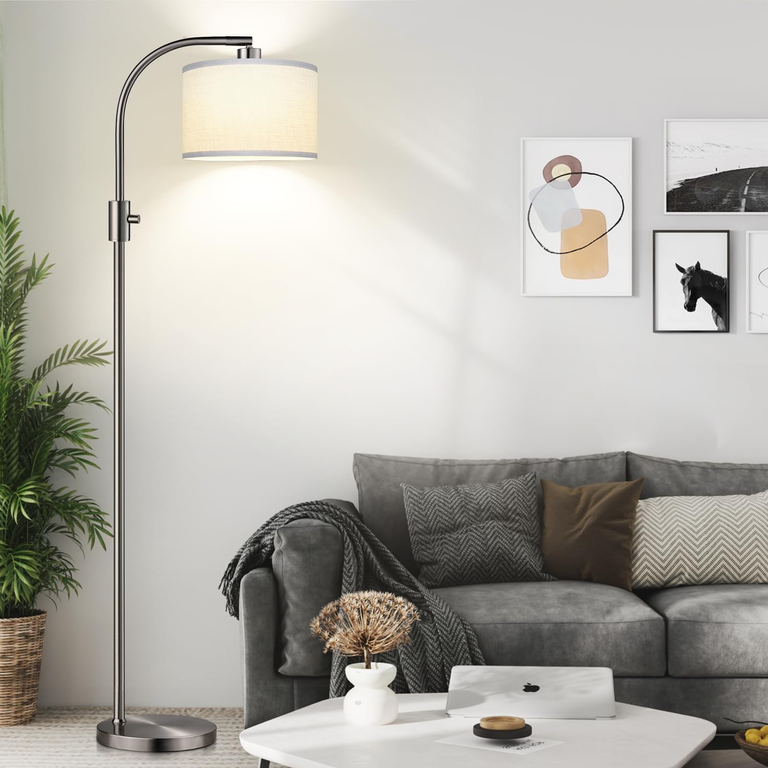 Nintiue Upgraded Modern Arc Dimmable Tall Standing Floor Lamp with Linen Shade, 1200 Lumens LED Bulb Included, for Living & Reading Room…