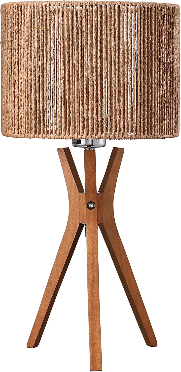 EDISHINE 17.5" Rattan Table Lamp, Wood Bedside Lamp with Handmade Paper Rope Woven Lampshade, Nightstand Lamp for Living Room, Bedroom…
