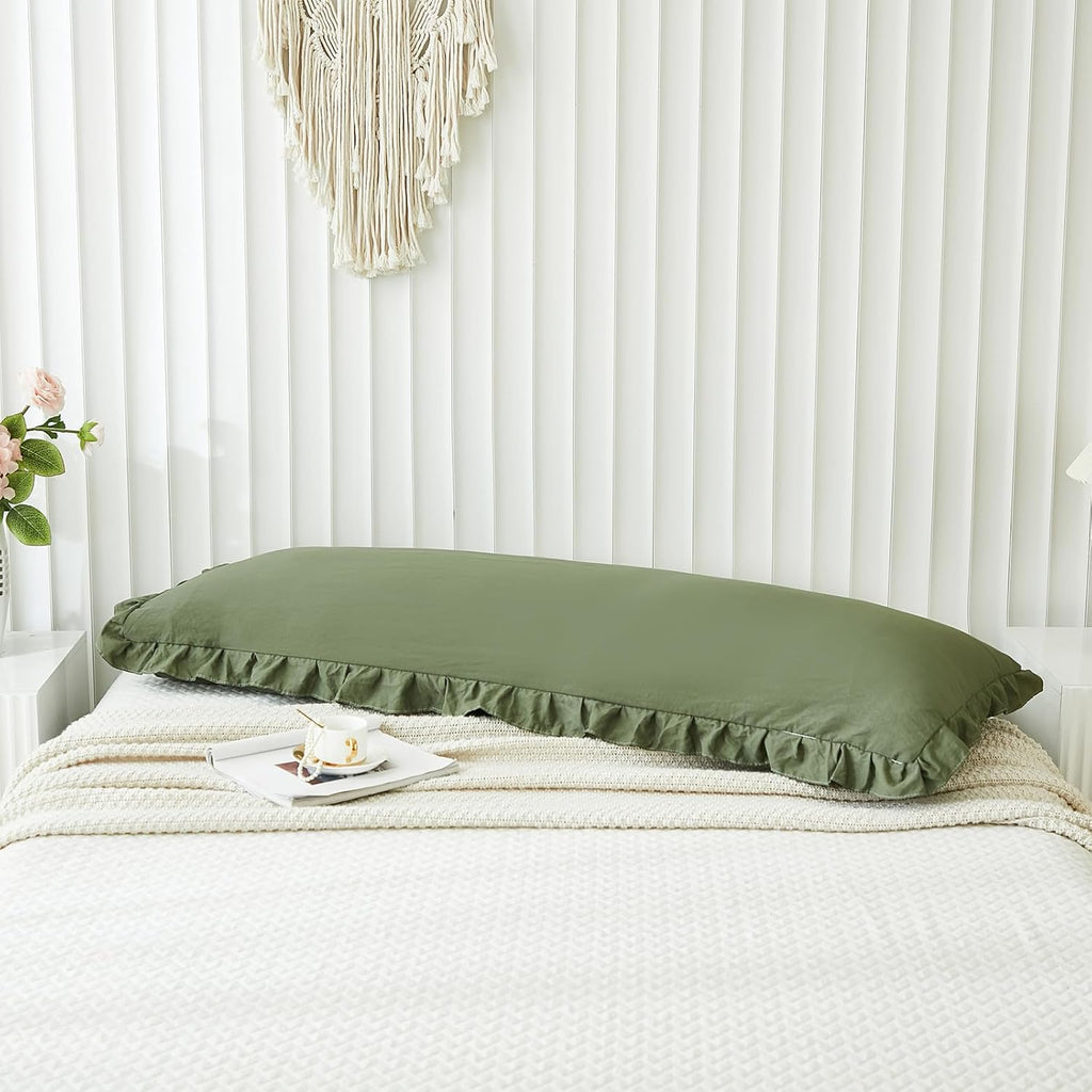 Merryword Shabby Chic Olive Green Body Pillow Cover - 20x54in Long Pillowcase with Ruffled Fringe Decor Green