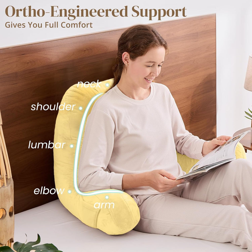 Sasttie Reading Pillow, Pillows for Reading or Relaxing – Ergonomic Support for Head, Neck, Back, and Lumbar, 23-Inch, Light Yellow