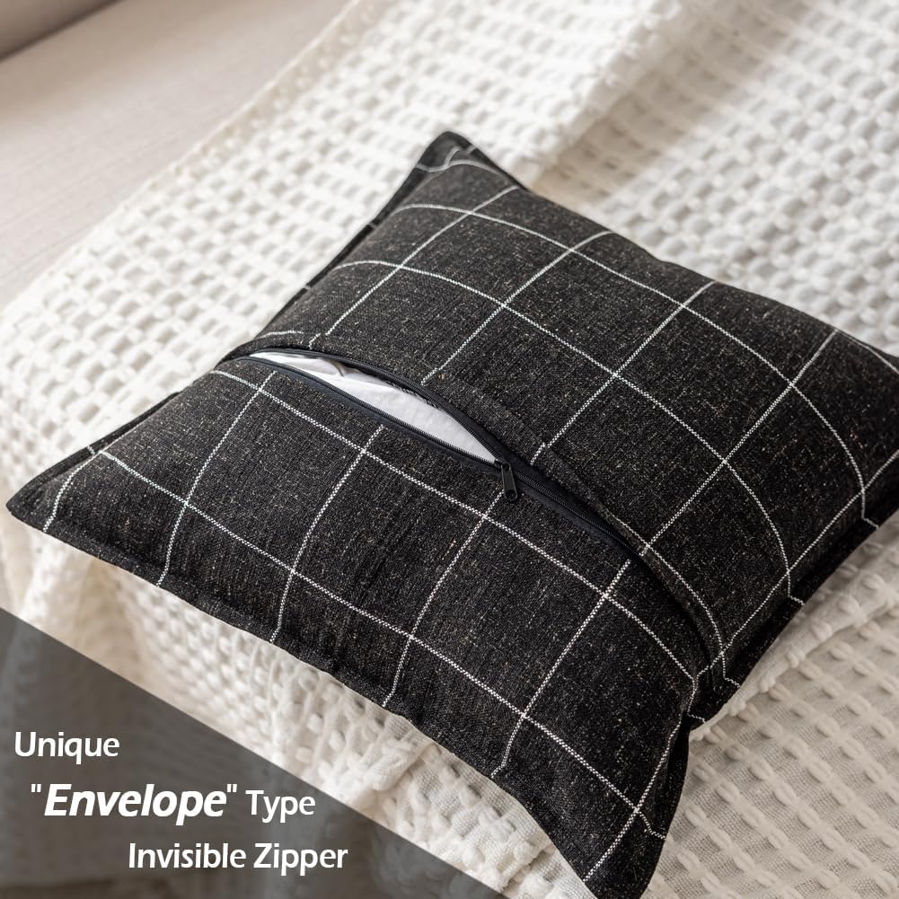 CARRIE HOME Black and White Plaid Boho Throw Pillow Covers 18x18 Set of 2, Modern Farmhouse Buffalo Checkered Decorative Linen Pillow…