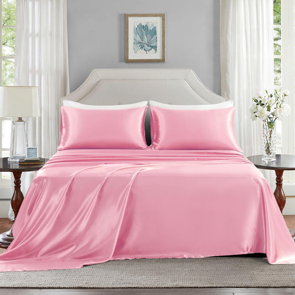Golal Satin Sheets Queen Size - 4 Pieces Luxury Silky Soft Bed Sheets, Wrinkle-Free Light Pink Satin Silk Sheet Set with 1 Deep Pocket Fitt…
