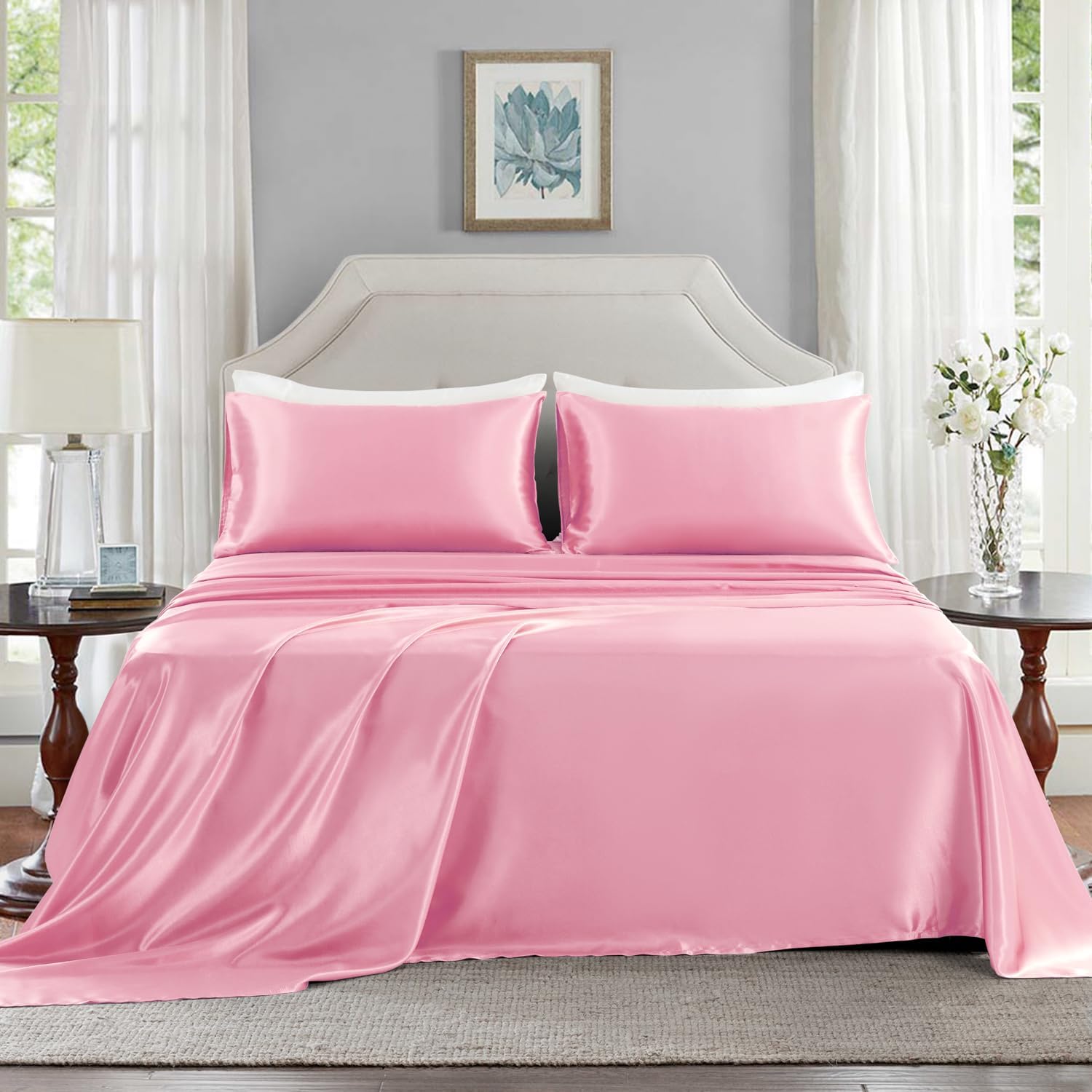 Golal Satin Sheets Queen Size - 4 Pieces Luxury Silky Soft Bed Sheets, Wrinkle-Free Light Pink Satin Silk Sheet Set with 1 Deep Pocket Fitt…