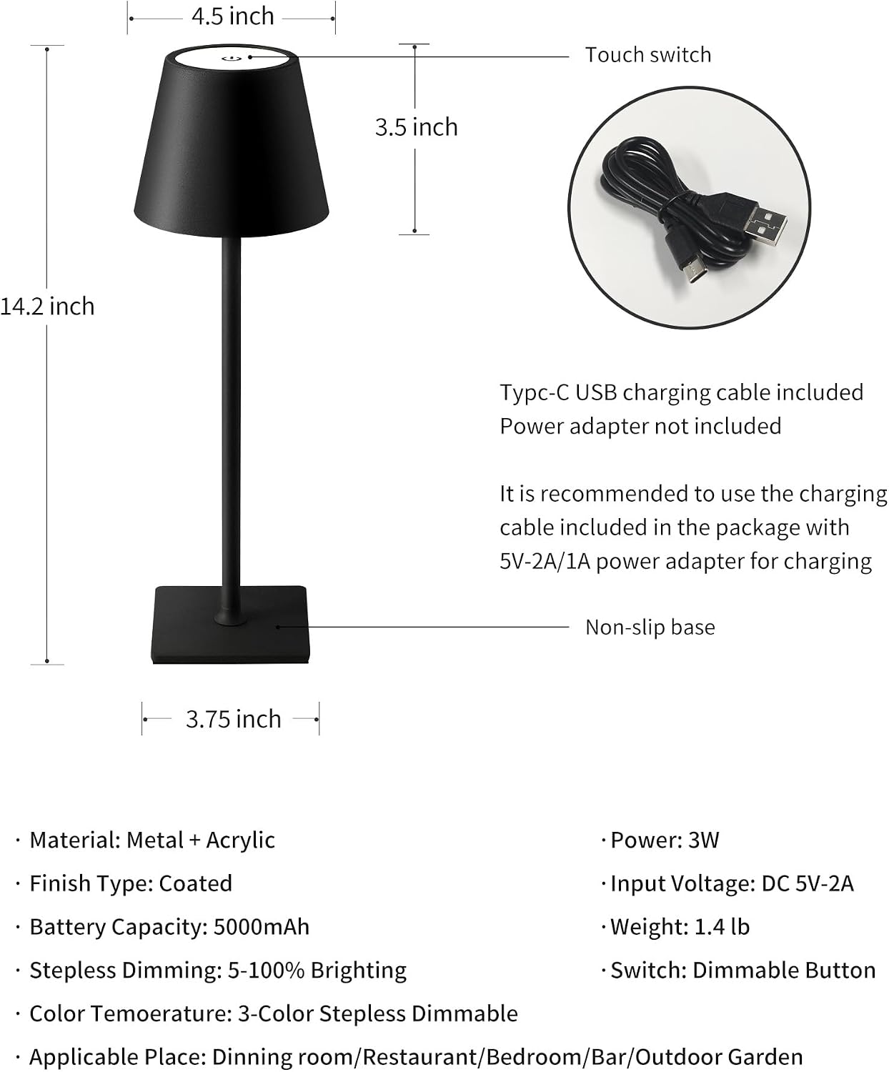 KDG Cordless Table Lamp, Portable LED Desk Lamp, 5000mAh Battery Operated, 3 Color Stepless Dimming Up, for…