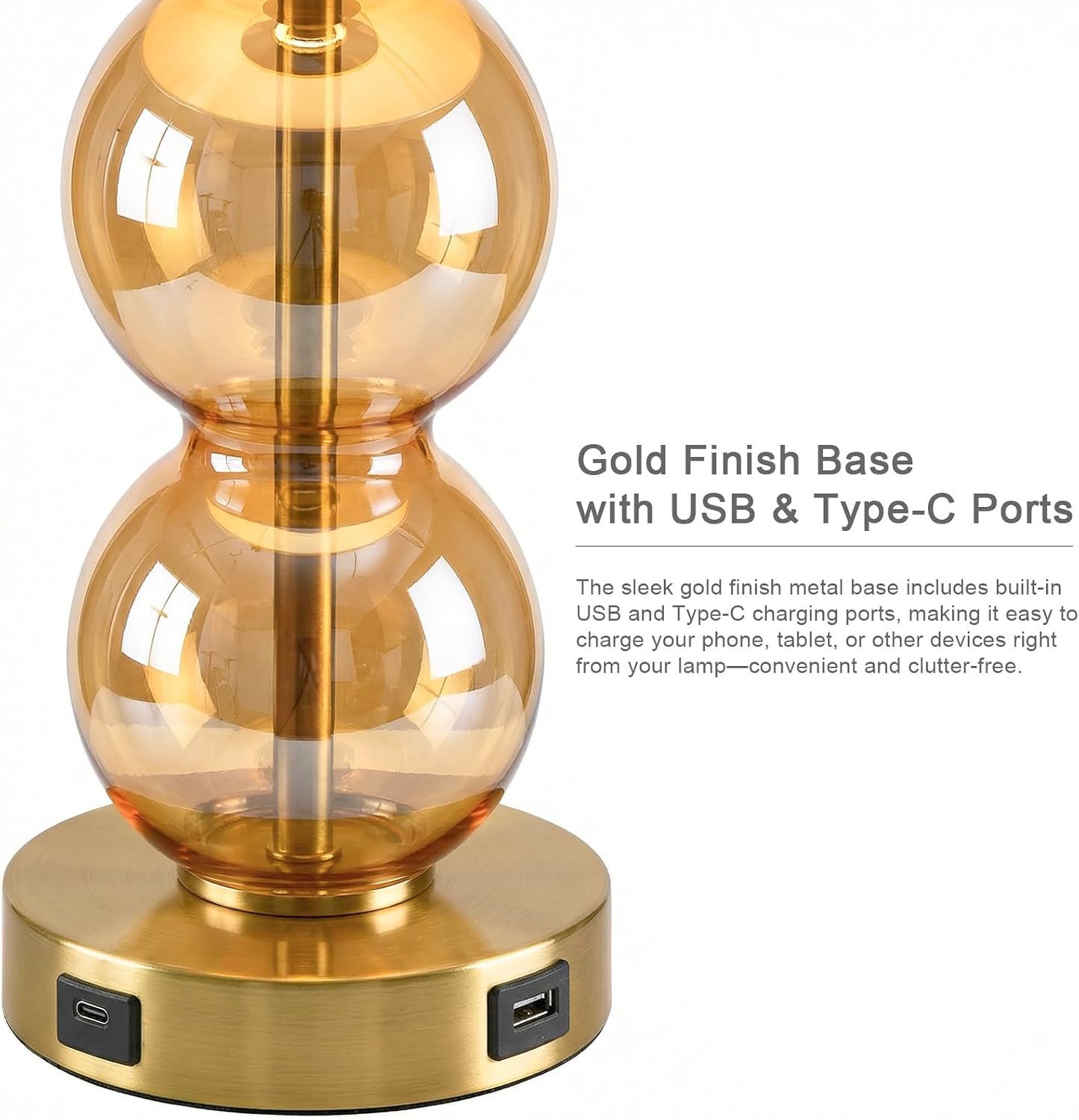 Oneach 25" Amber Glass Table Lamps for Living Room, Glass Modern Table Lamp Set of 2, USB Charging Ports, Linen Shade, Bedside Lamps for Be…
