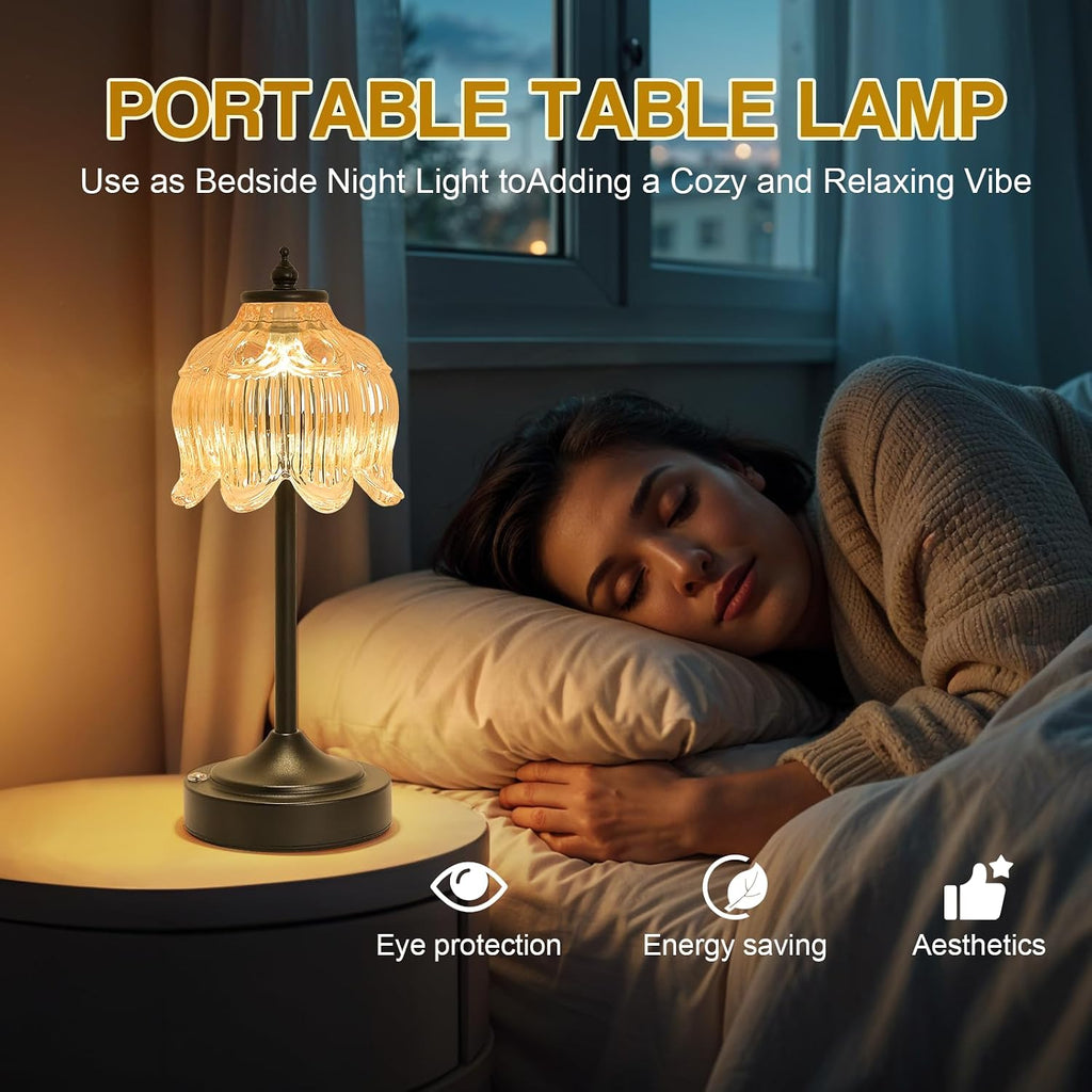 Cordless Lotus Flower Table Lamp, 5200mAh Rechargeable Battery Operated Portable Lamp, 3-Color Dimmable Touch Control Small Desk Lamp for…