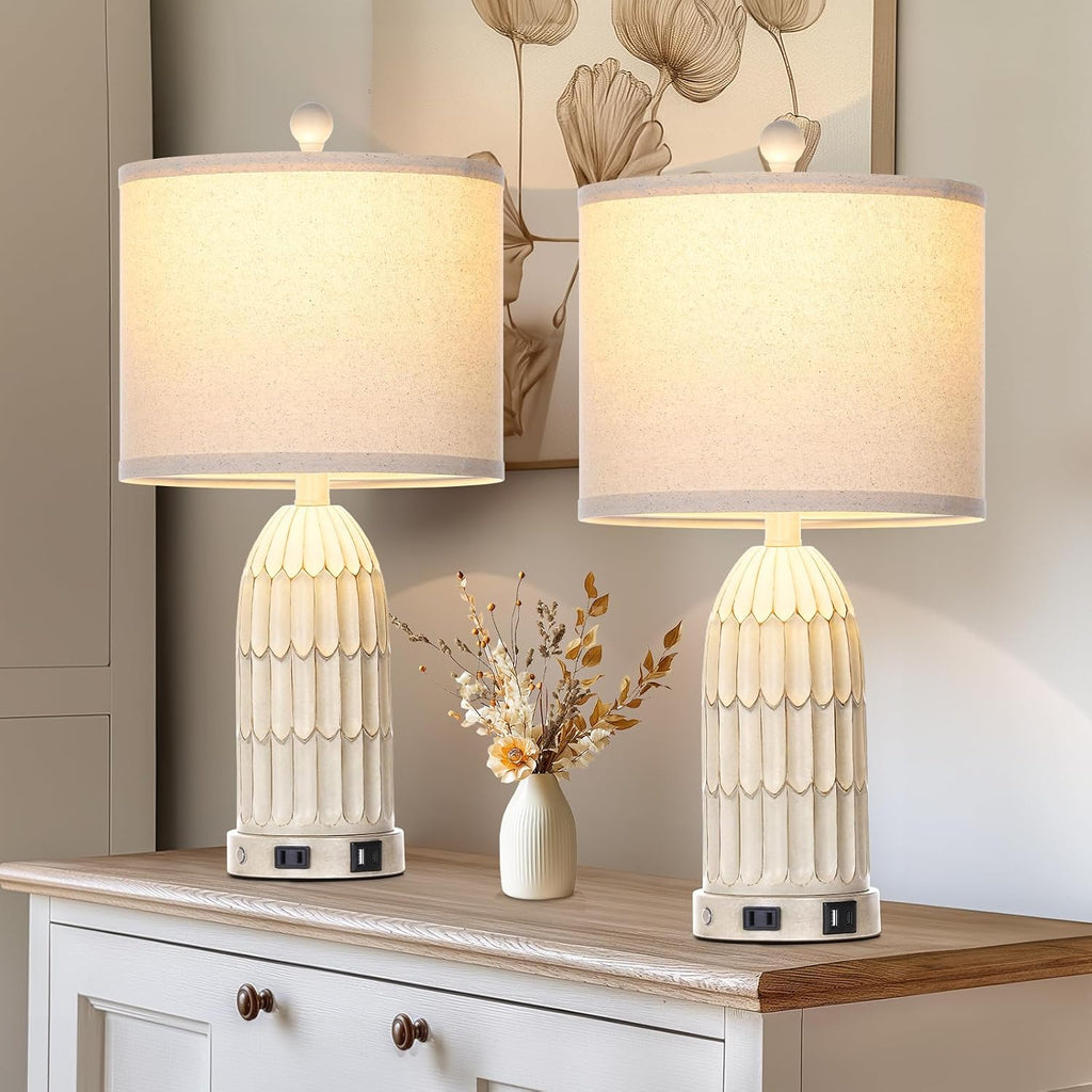 Cinkeda Farmhouse Table Lamps Set of 2, 3-Way Dimmable Touch Lamp for Bedroom Nightstand with USB A+C Ports & AC Outlet, White Vintage…