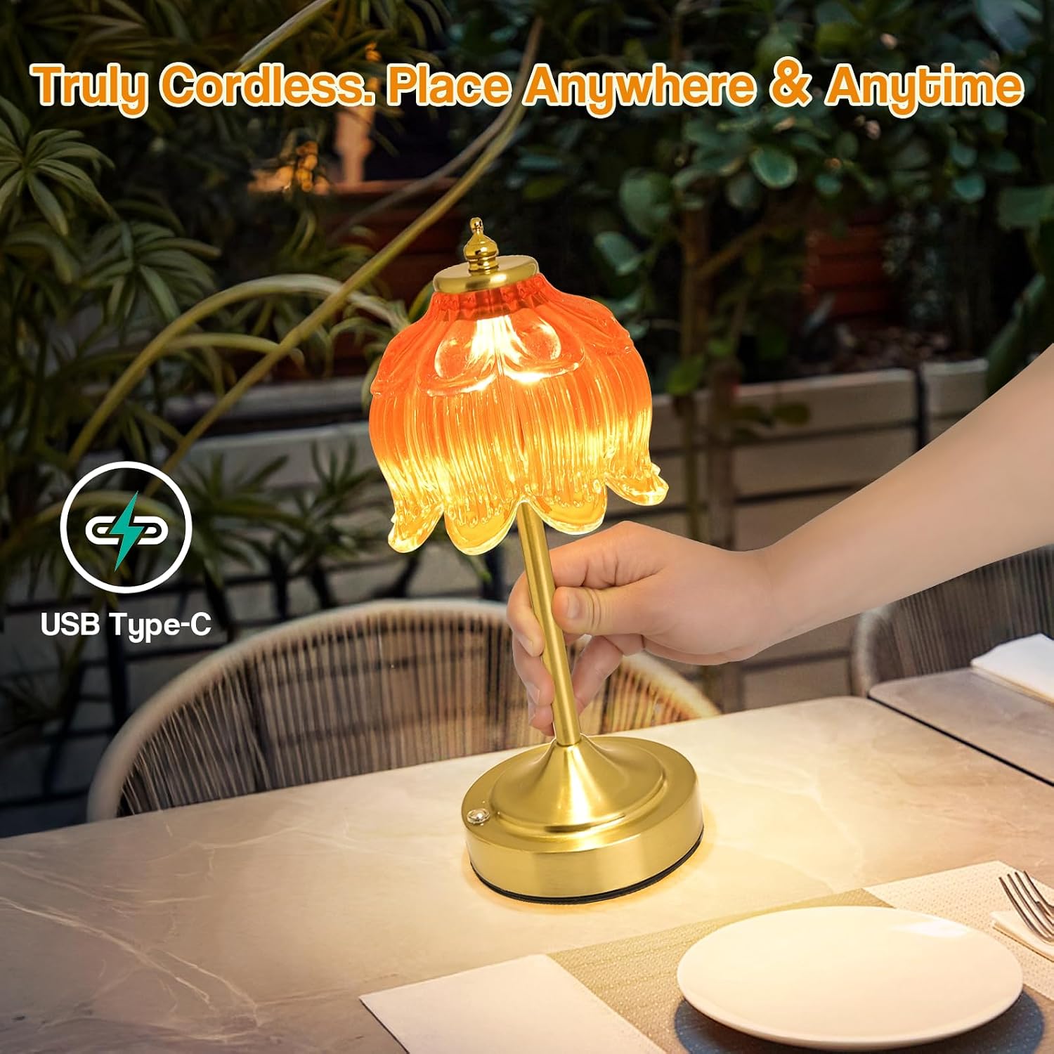 Crkwos Cordless Lotus Flower Table Lamp, 5200mAh Rechargeable Battery Operated Portable Lamp, 3-Color Dimmable Touch Control Small D…