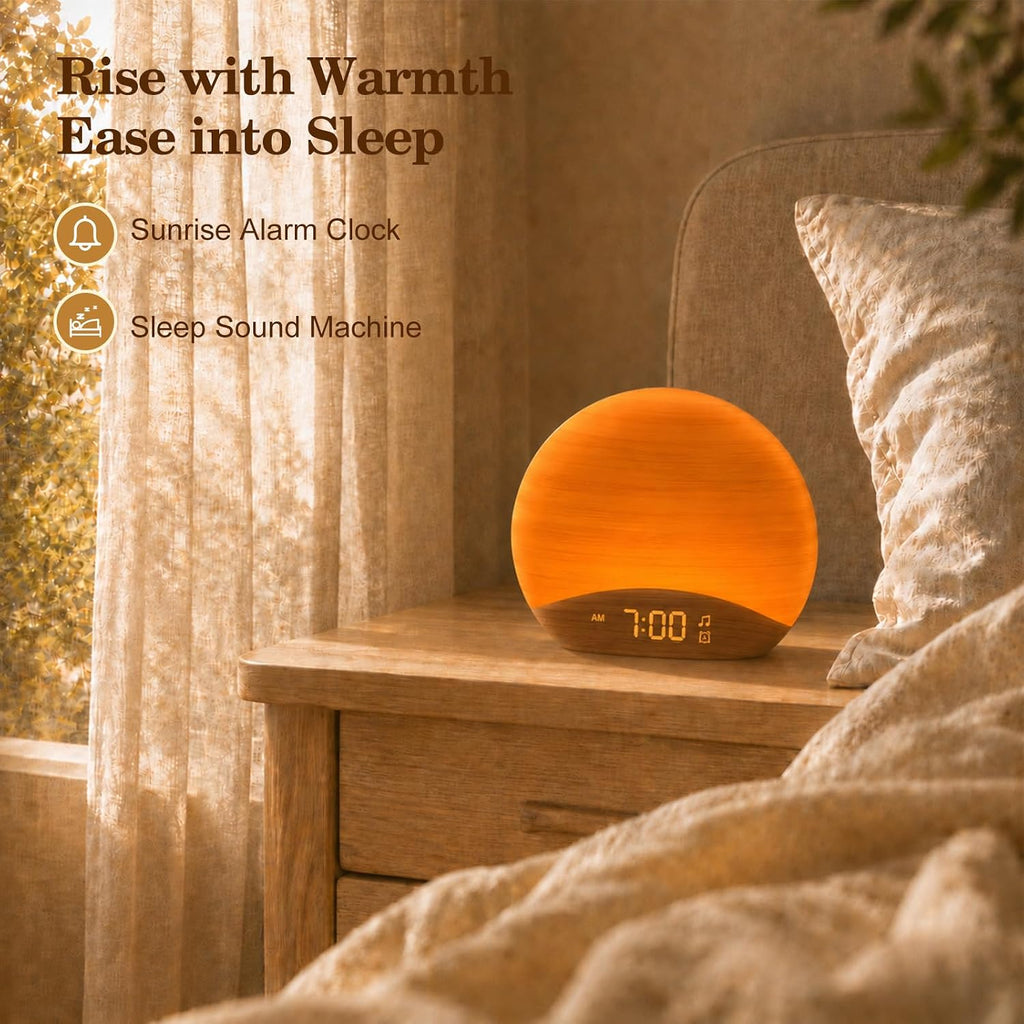REACHER Natural Wood Grain Sound Machine Sunrise Alarm Clock,26 Nature Inspired Sleeping Sounds, 0-100% Dimmable Clock, Night…
