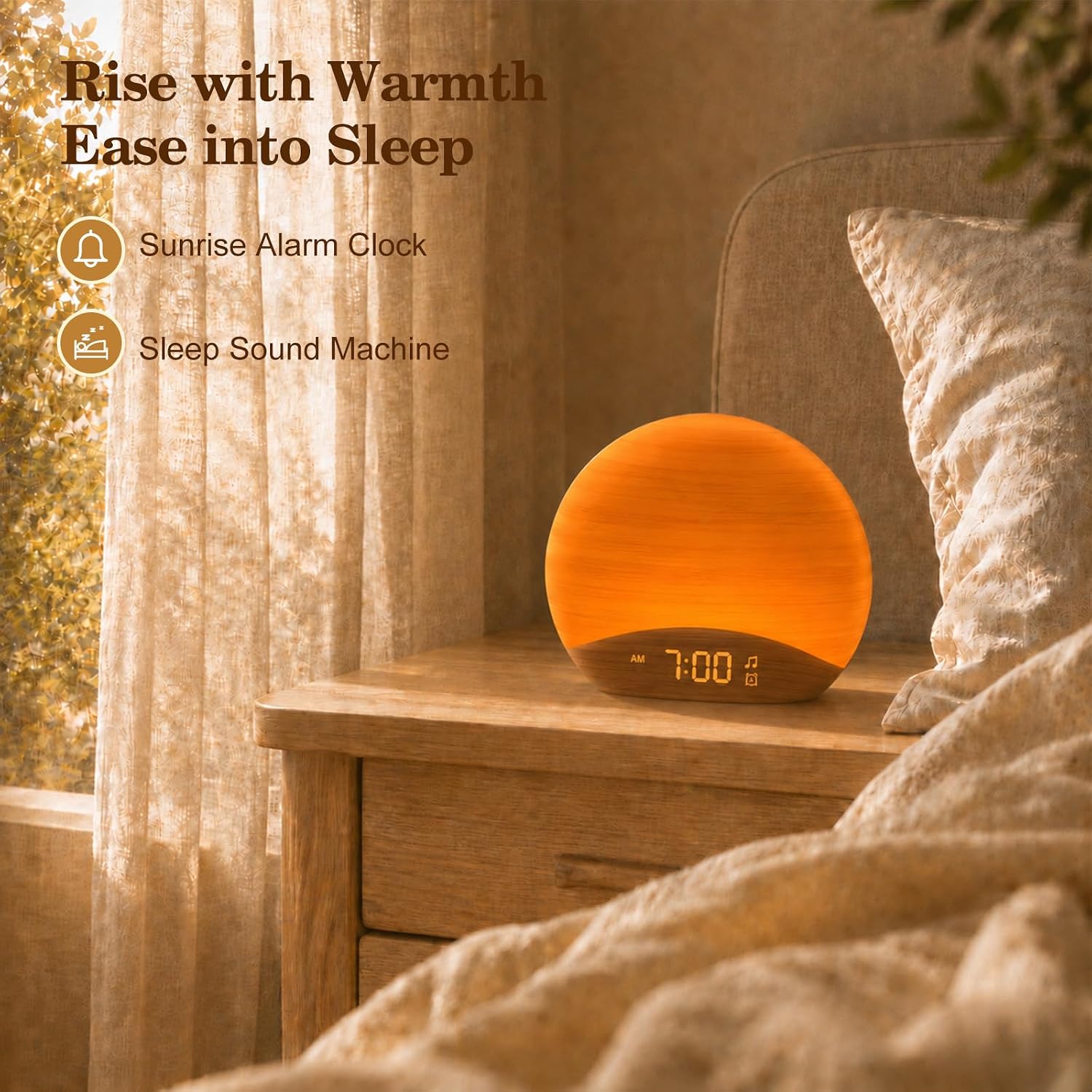 REACHER Natural Wood Grain Sound Machine Sunrise Alarm Clock,26 Nature Inspired Sleeping Sounds, 0-100% Dimmable Clock, Night…